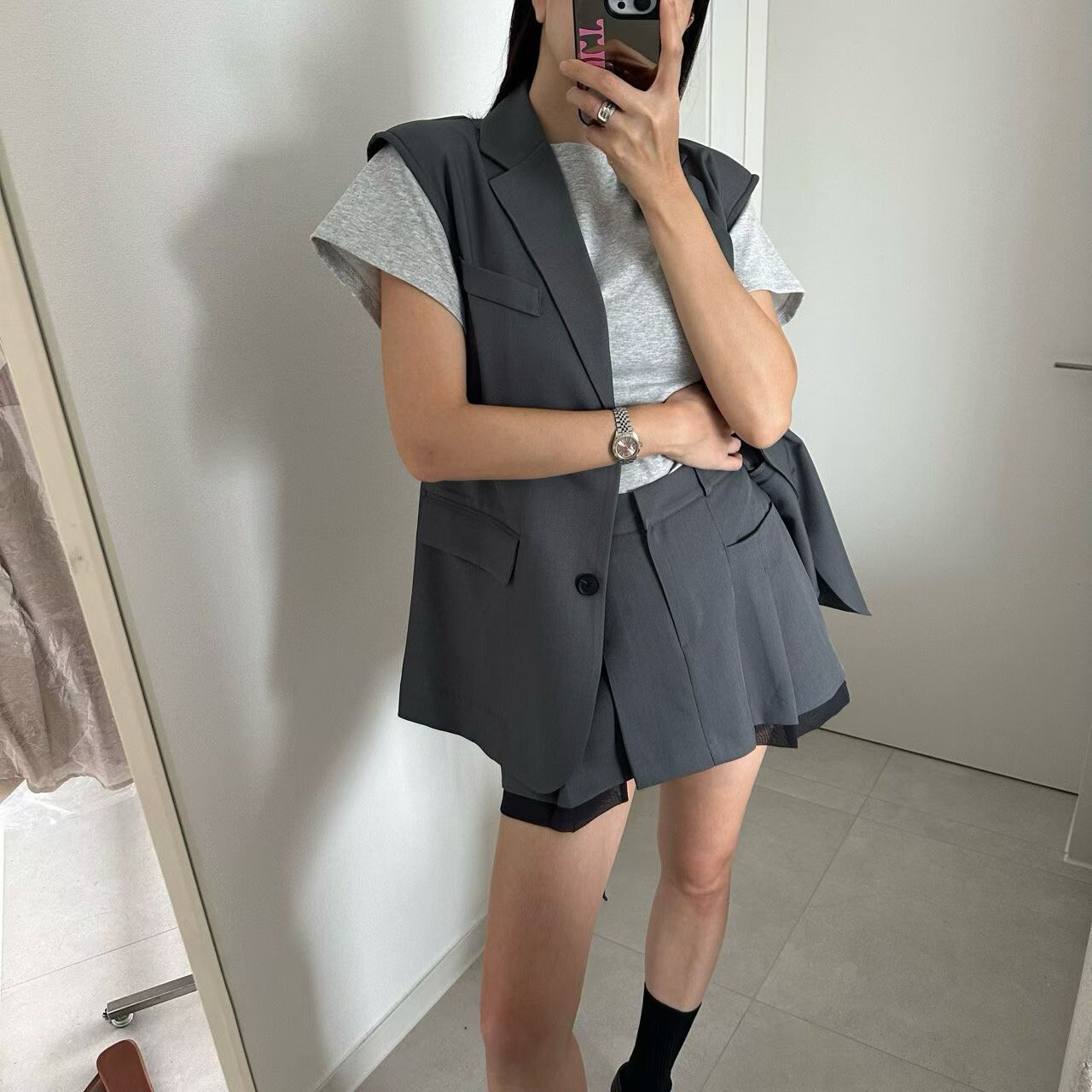 襯雪紡紗西裝短褲