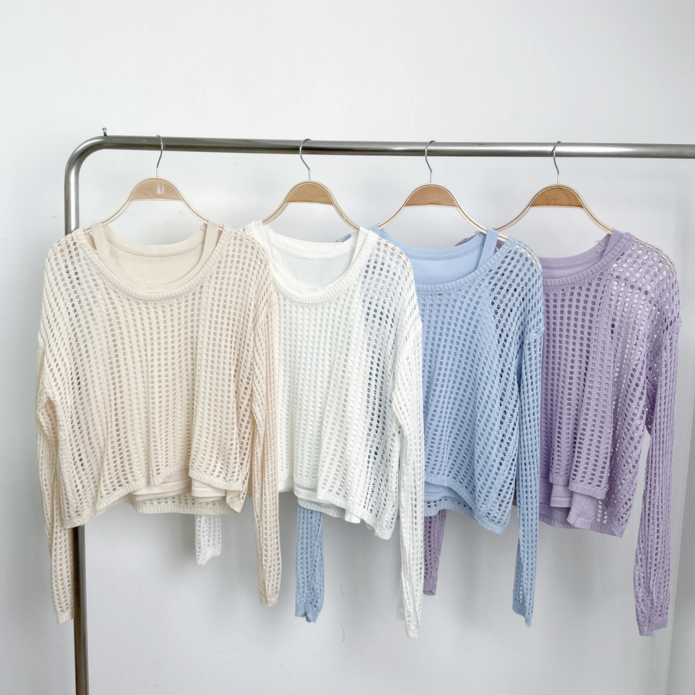 【預訂】洞洞長袖罩衫+入膊打底背心套裝 (G87-G90)