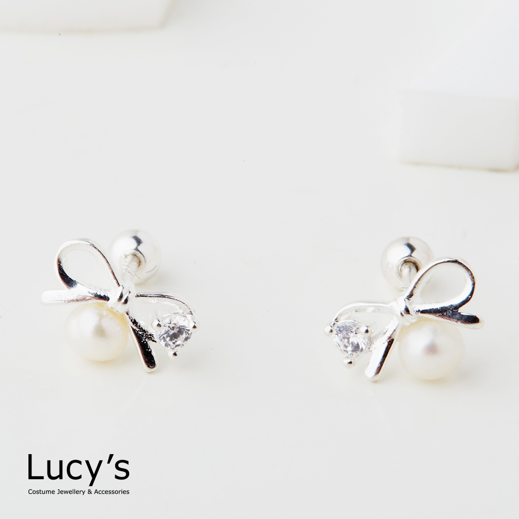 925純銀 珍鑽蝴蝶結 轉珠耳環 (127180)