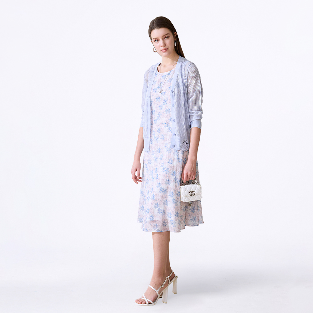 水藍碎花優雅無袖洋裝