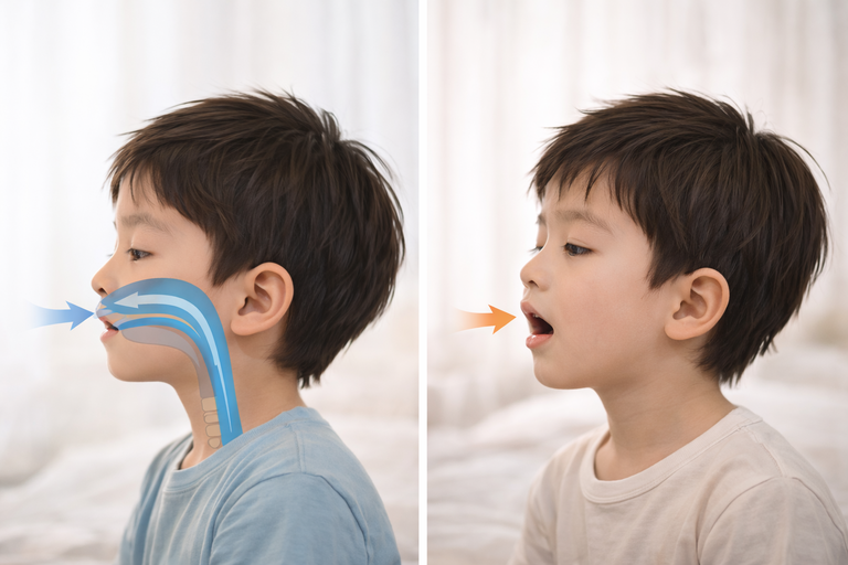 鼻呼吸與口呼吸的分別示意圖,展示空氣經鼻或口進入呼吸道