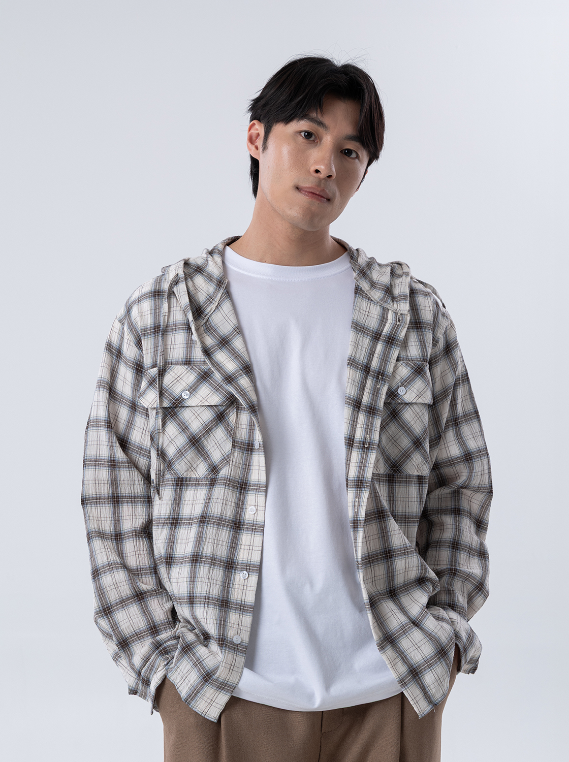 泡泡肌理連帽格子襯衫