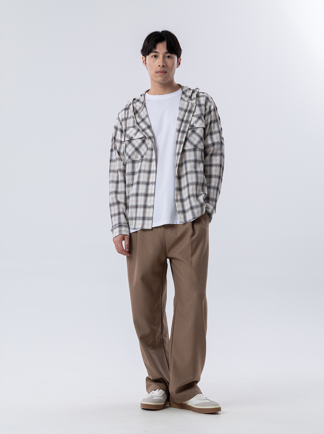 泡泡肌理連帽格子襯衫