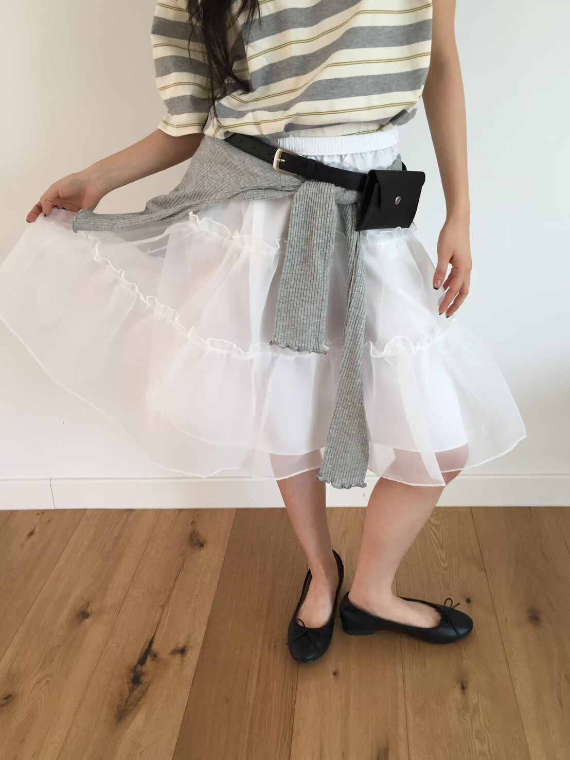 鬆緊腰澎澎A字層次感雙層及膝紗裙 / 2色