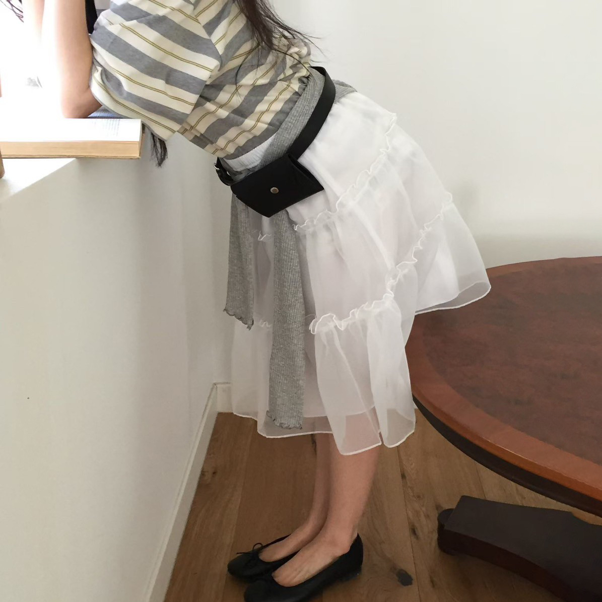 鬆緊腰澎澎A字層次感雙層及膝紗裙 / 2色