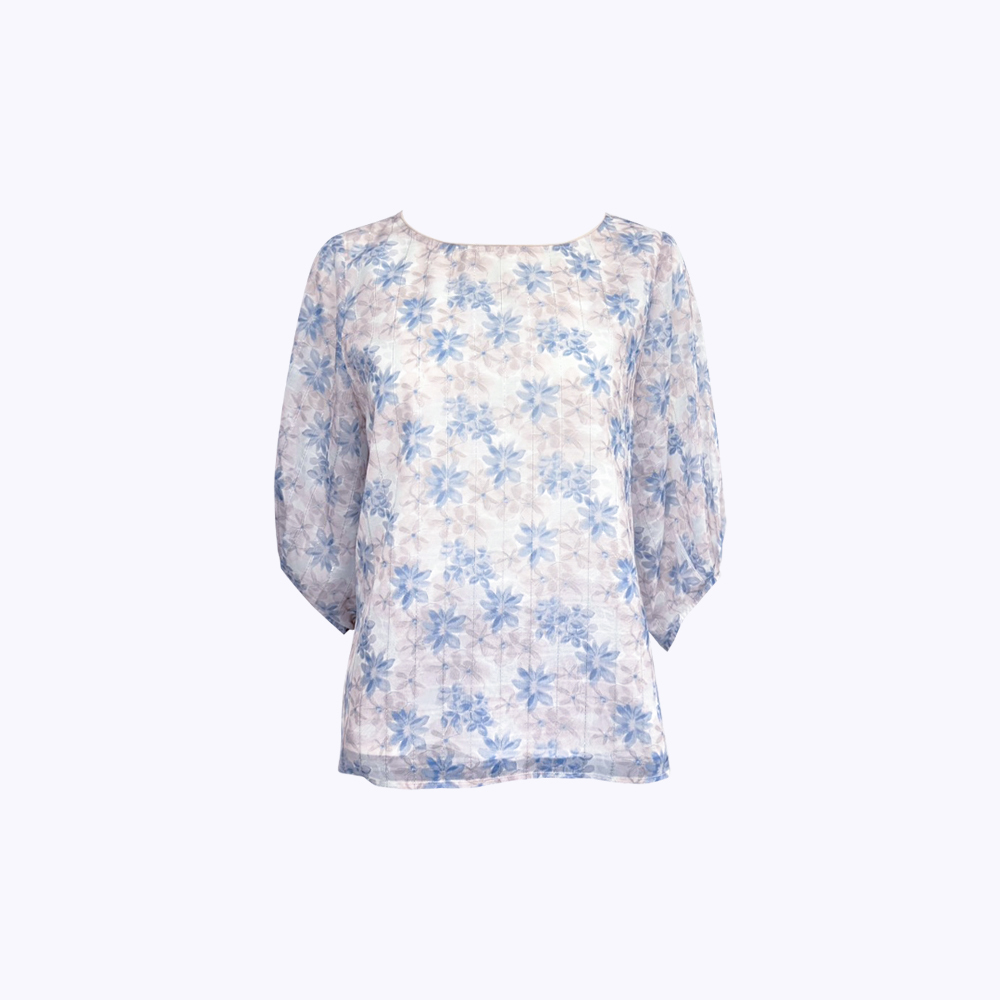 水藍碎花優雅寬袖上衣