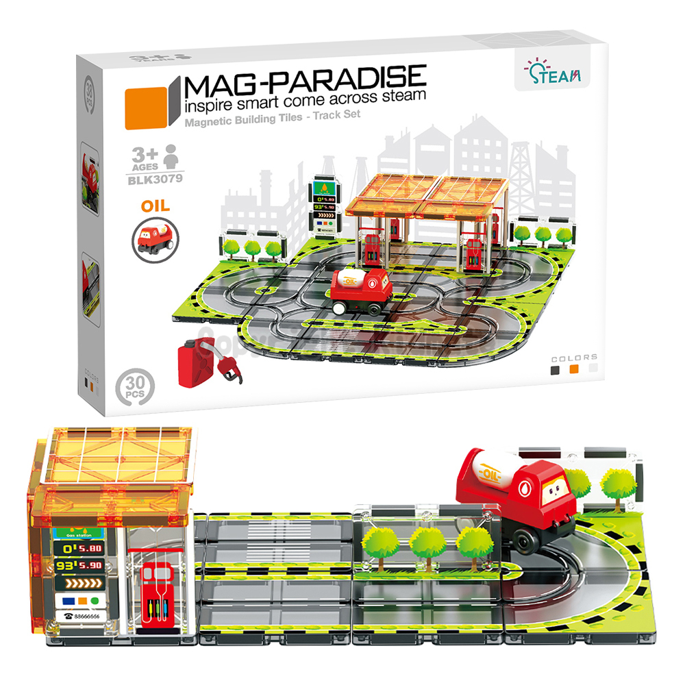 《 KIDMATE 》迷你軌道磁力片場景組-加油站(附1台小車)