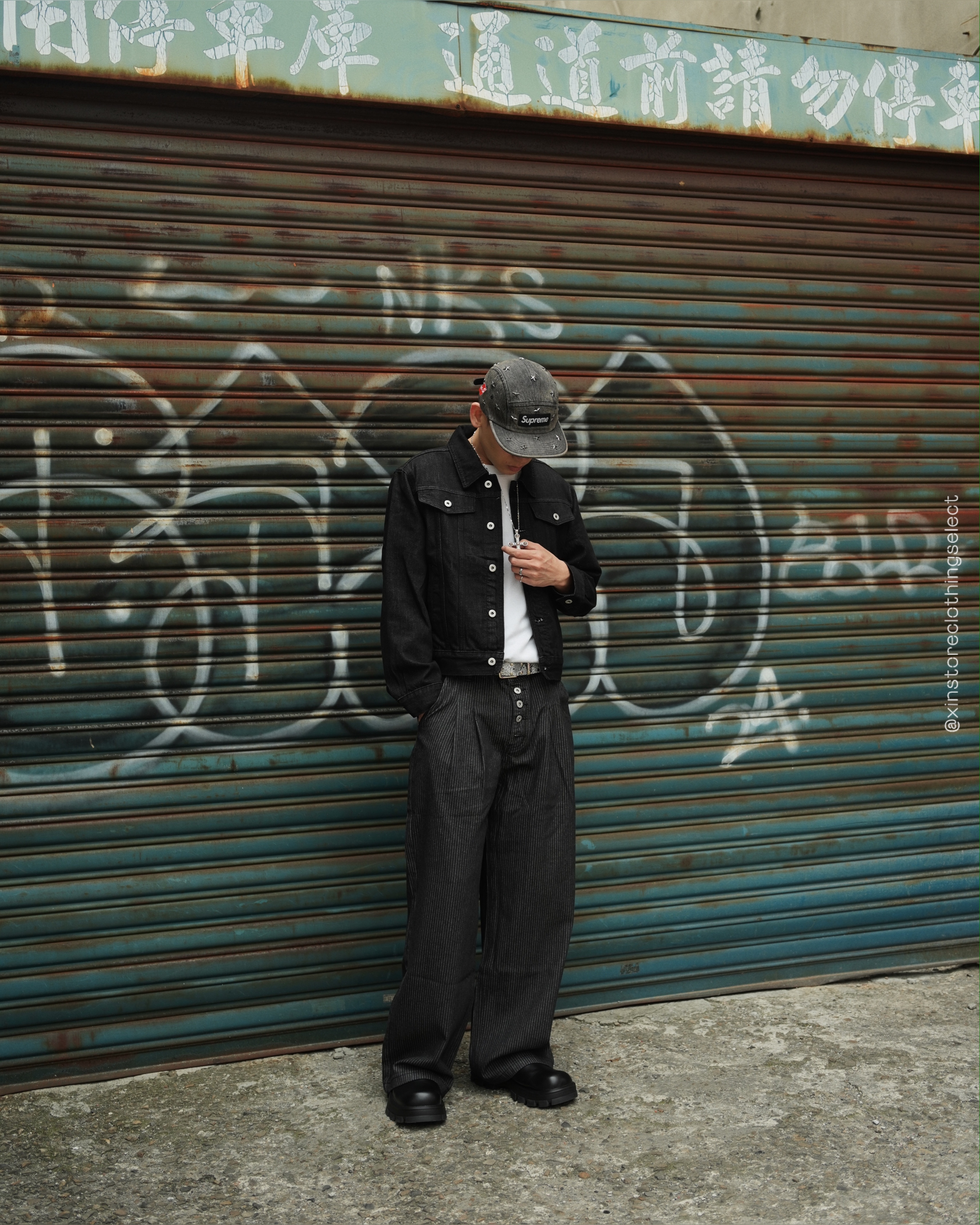 XIN SELECT 條紋 排釦 雙褶 長褲 直筒褲 黑色 CK3602