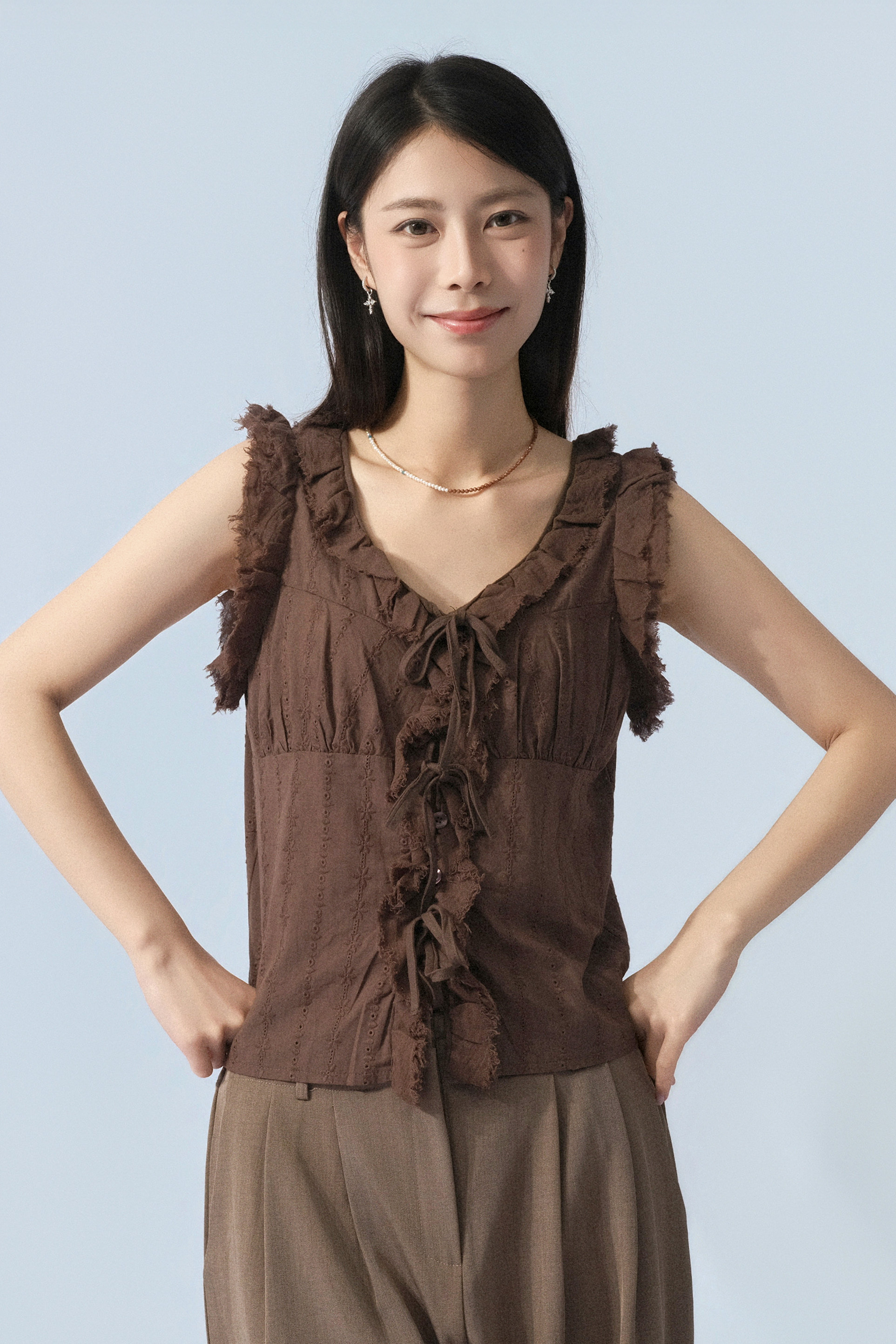 通花棉荷葉邊綁繩背心 (預購產品）