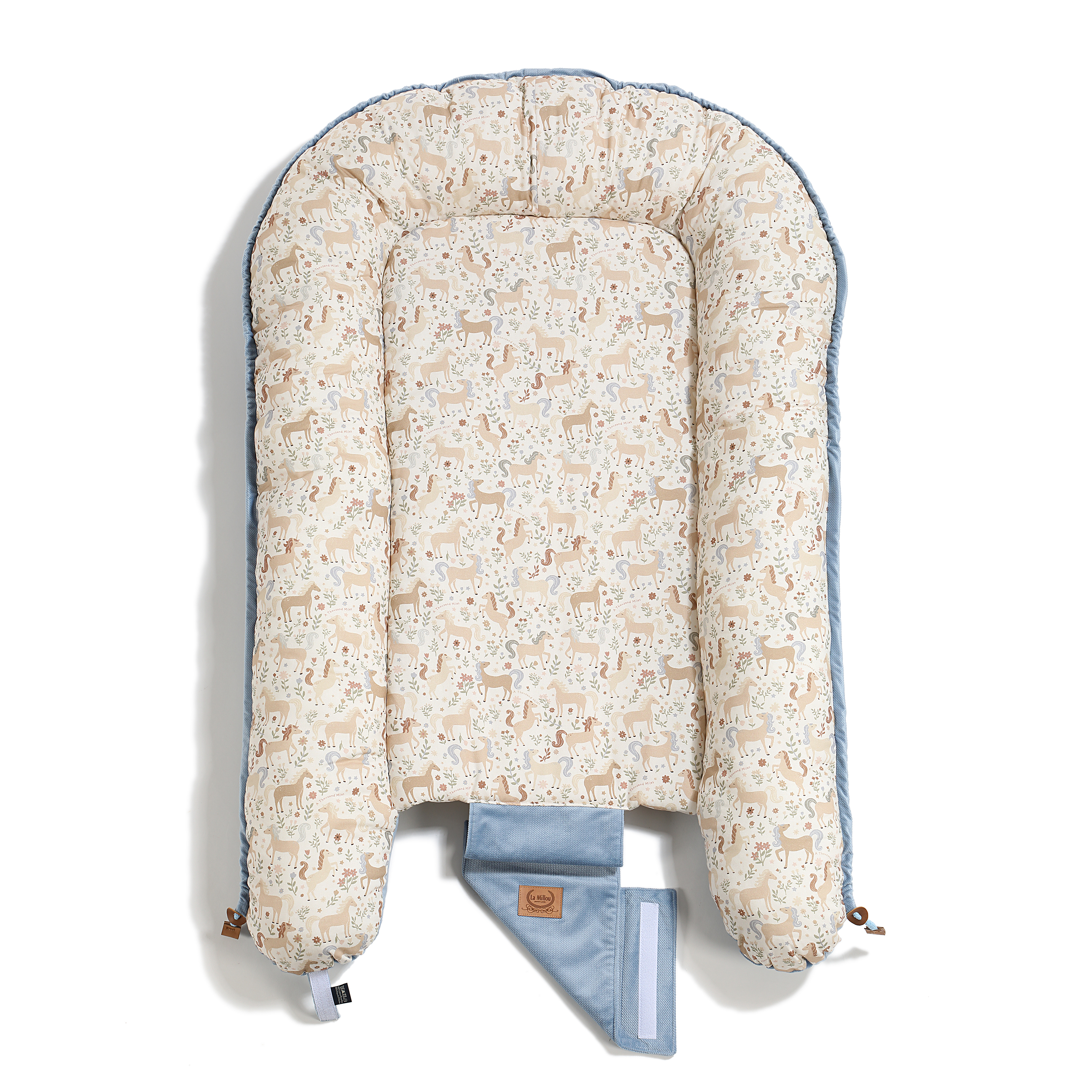 La Millou波蘭 Velvet頂級棉柔嬰兒睡窩(鋪棉版)｜九天朵朵馬(藍底)｜舒柔墨藍