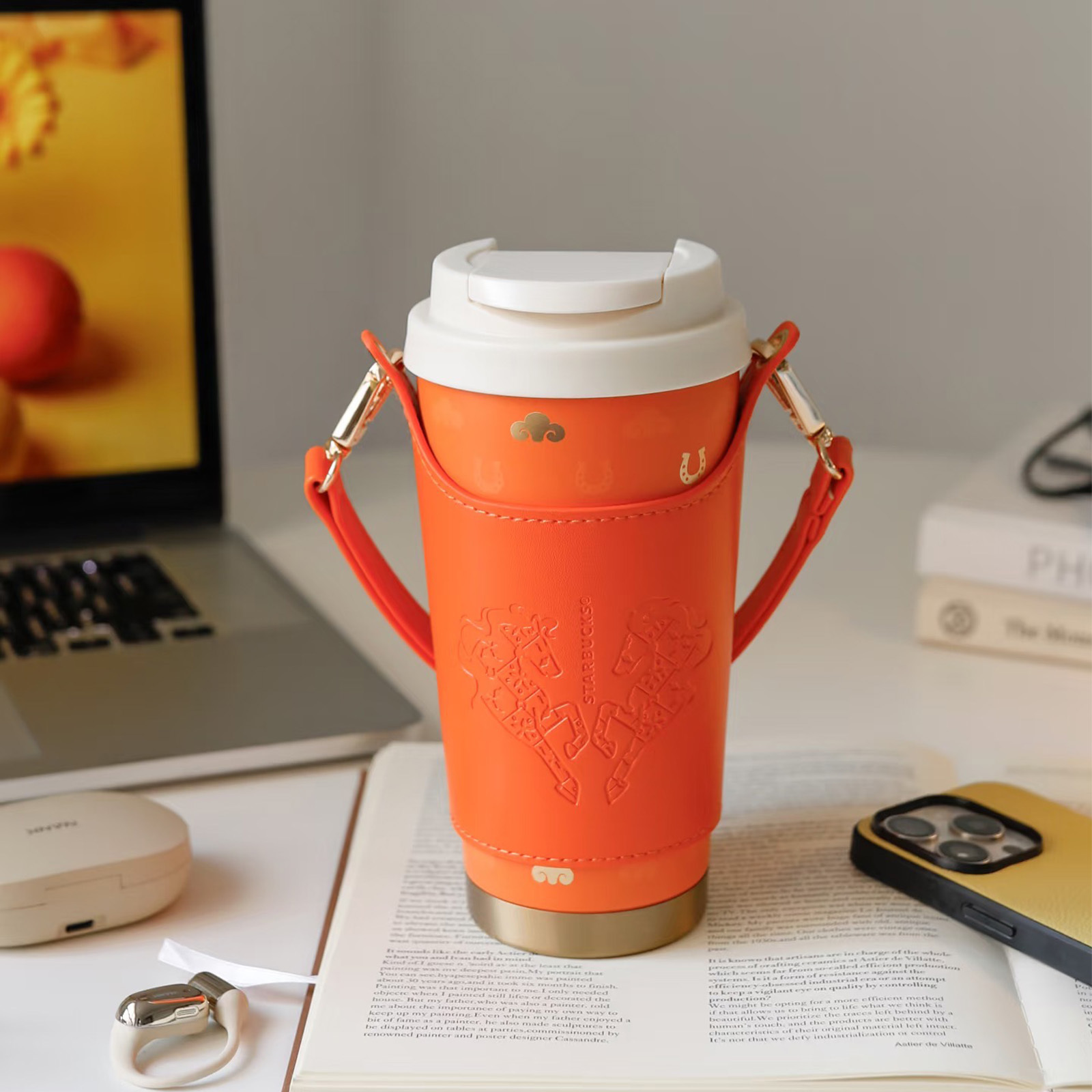 STARBUCKS 星巴克 2026馬年限定 駿躍星程 愛馬仕橘 皮革 隨行杯 環保杯 水壺 保溫杯 咖啡杯 簡約 時尚 500ML 附皮革杯袋