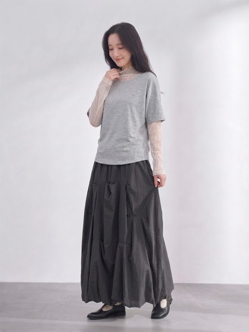 連袖空氣棉上衣透膚立領上衣抓皺花苞長裙組合