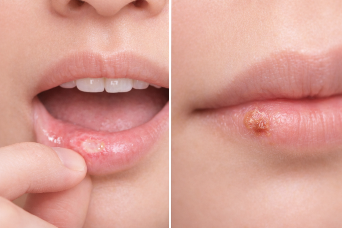 痱滋與唇瘡分別對比圖,展示口腔內潰瘍與嘴唇外水泡的不同