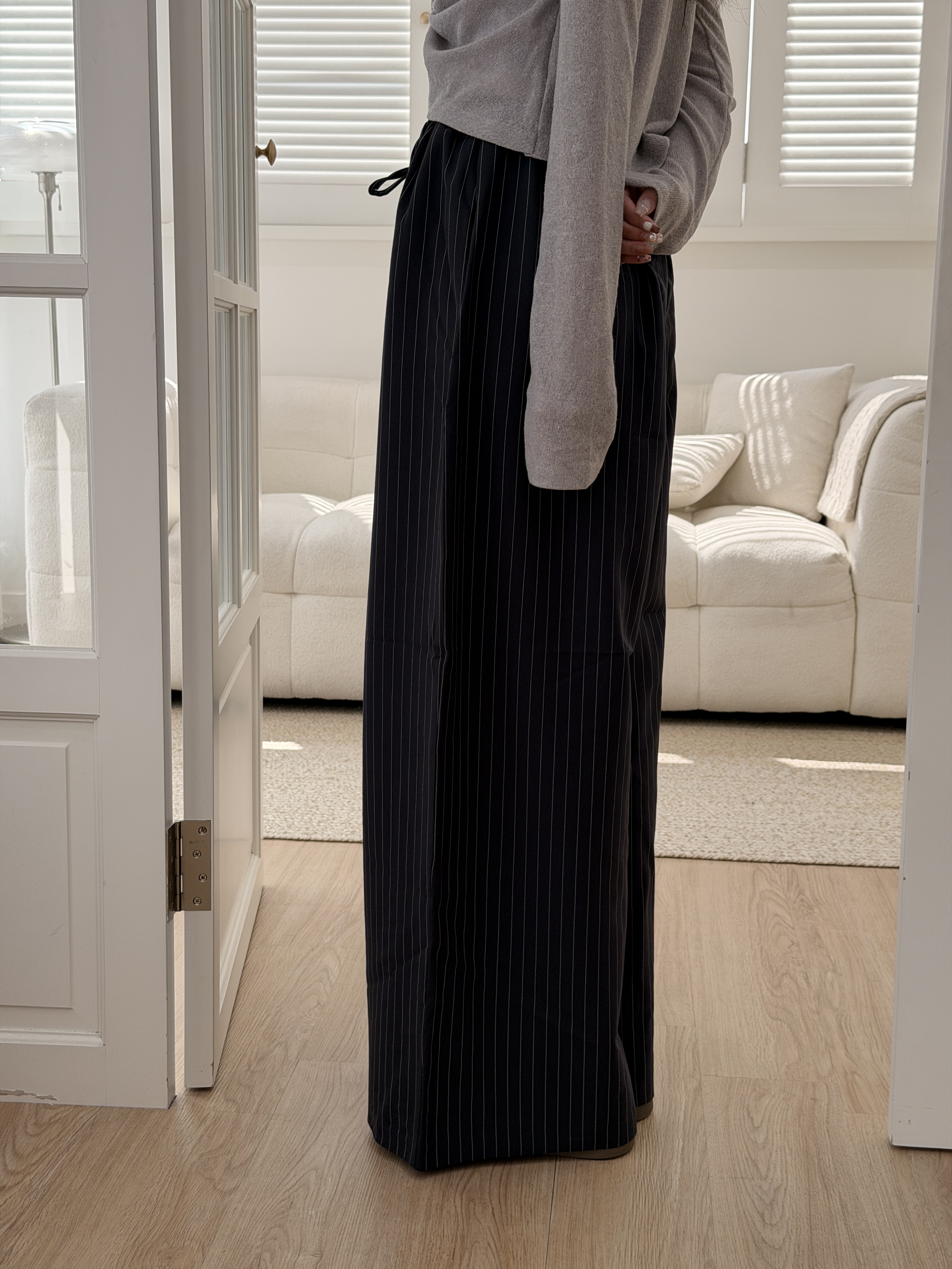 🌷鬆緊直紋寬褲 (深藍)