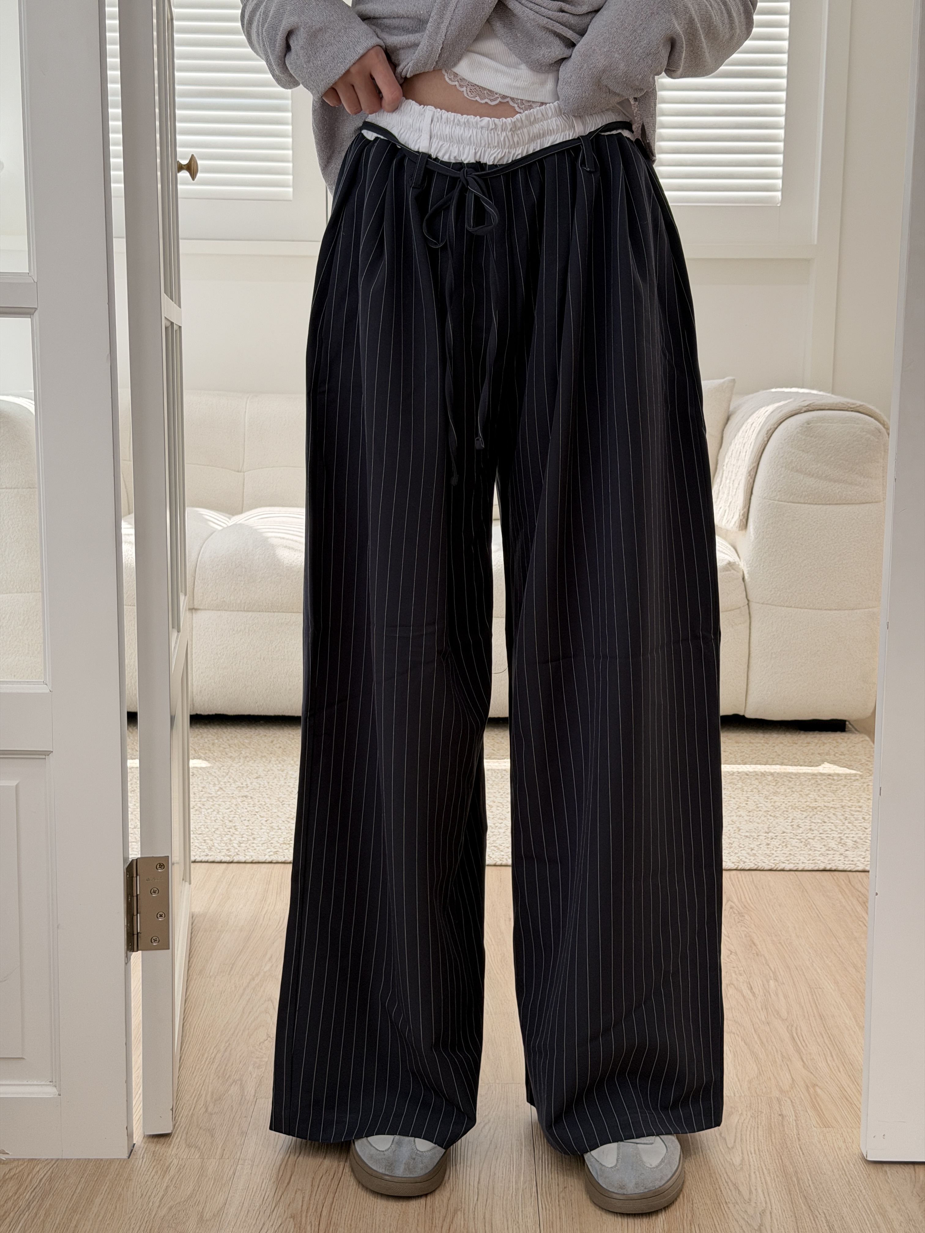 🌷鬆緊直紋寬褲 (深藍)