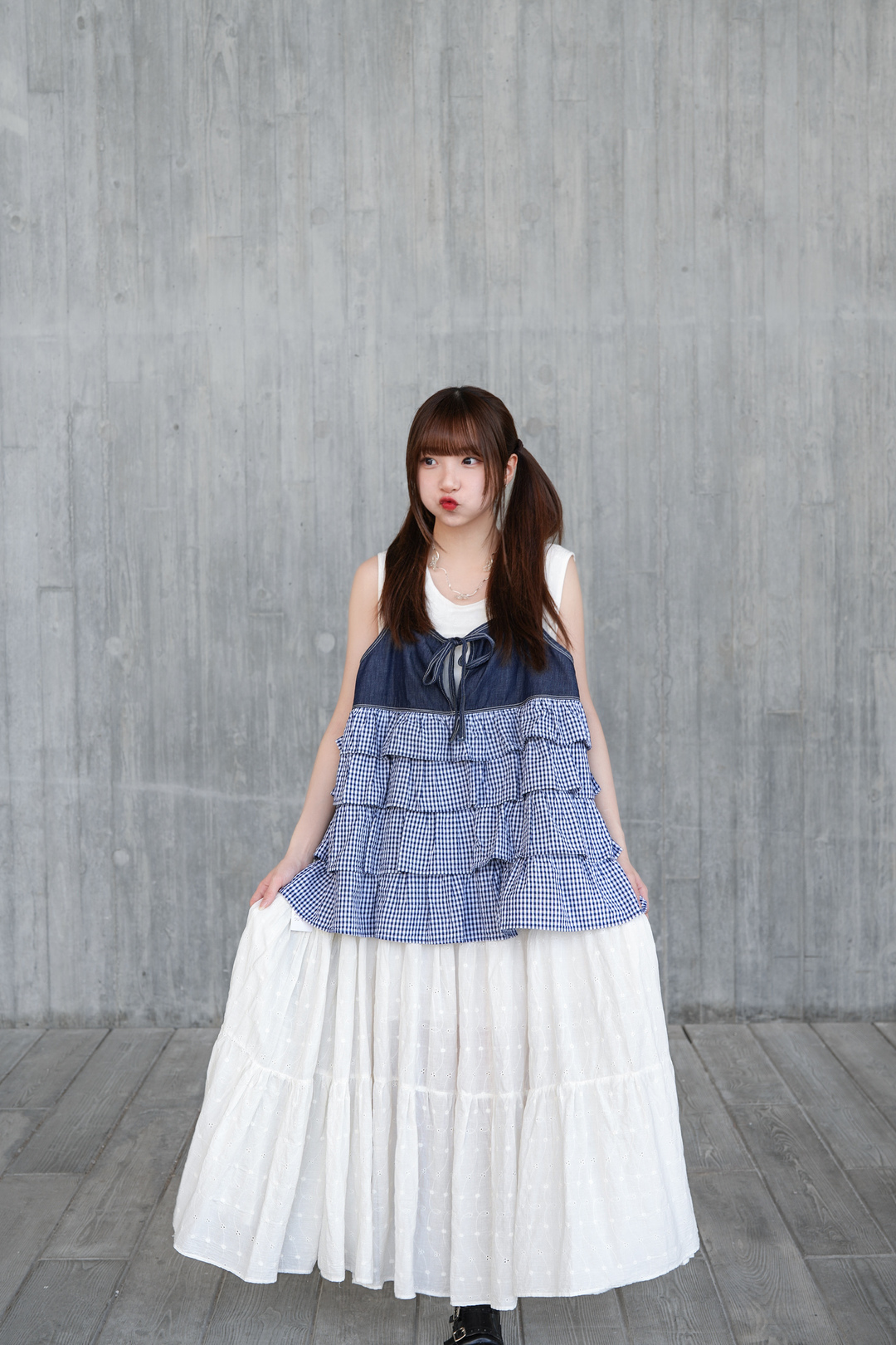 牛仔層層格子吊帶Layer · 2色入