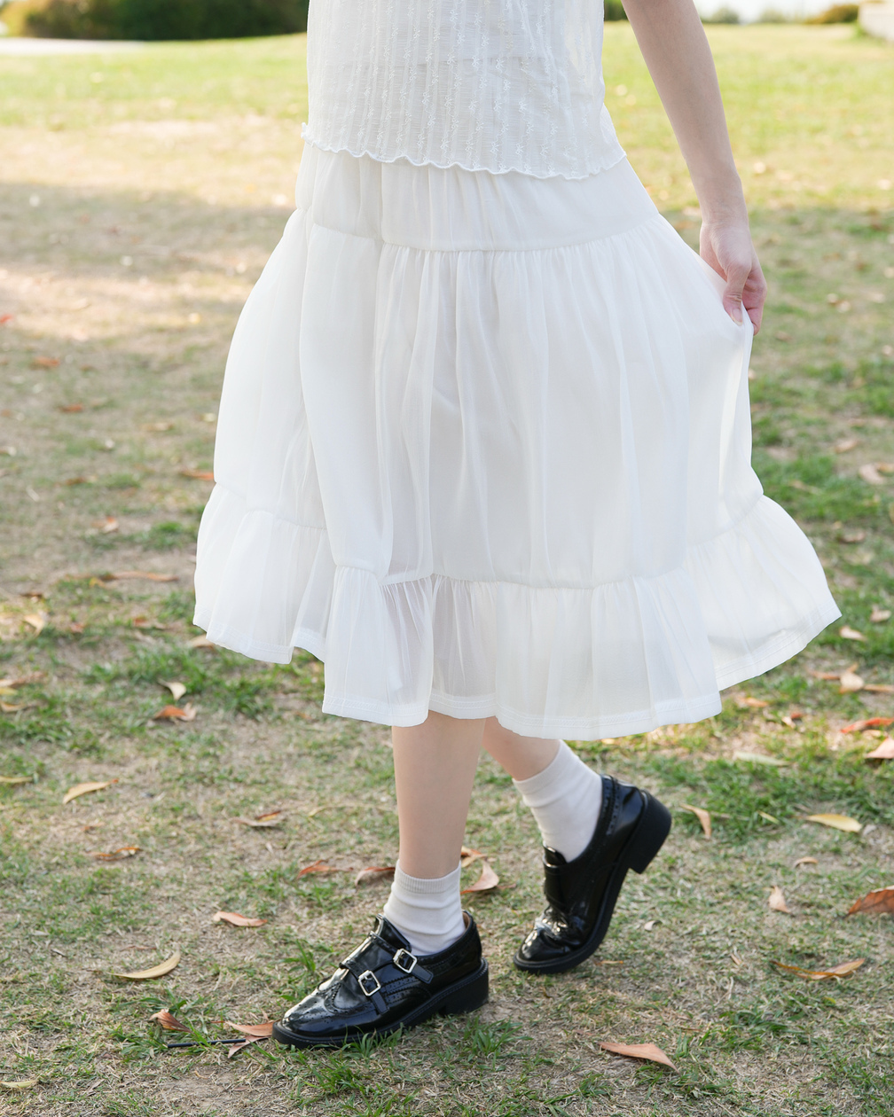 輕飄飄～滑面蛋糕中長裙 · 2色入