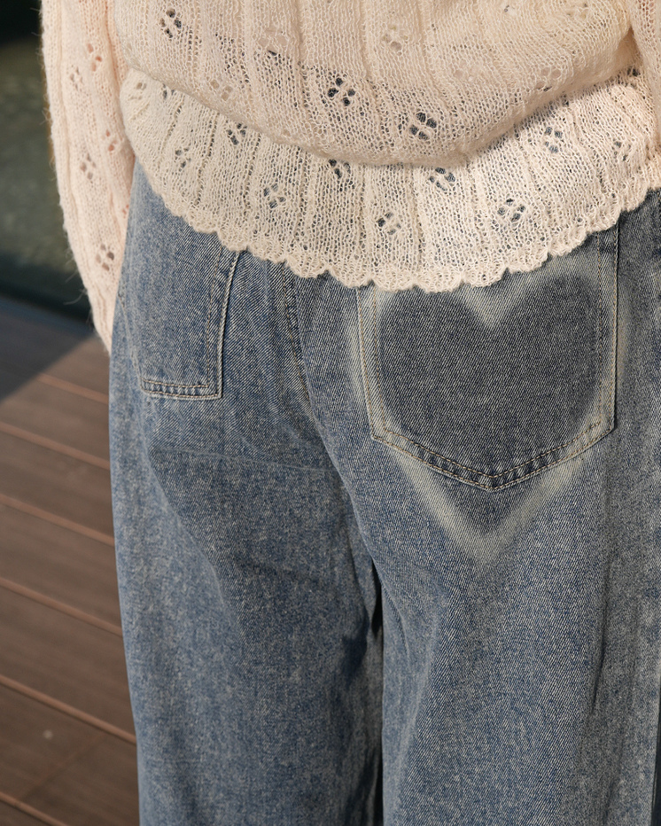 心心圖案直腳牛仔褲 · 3色入