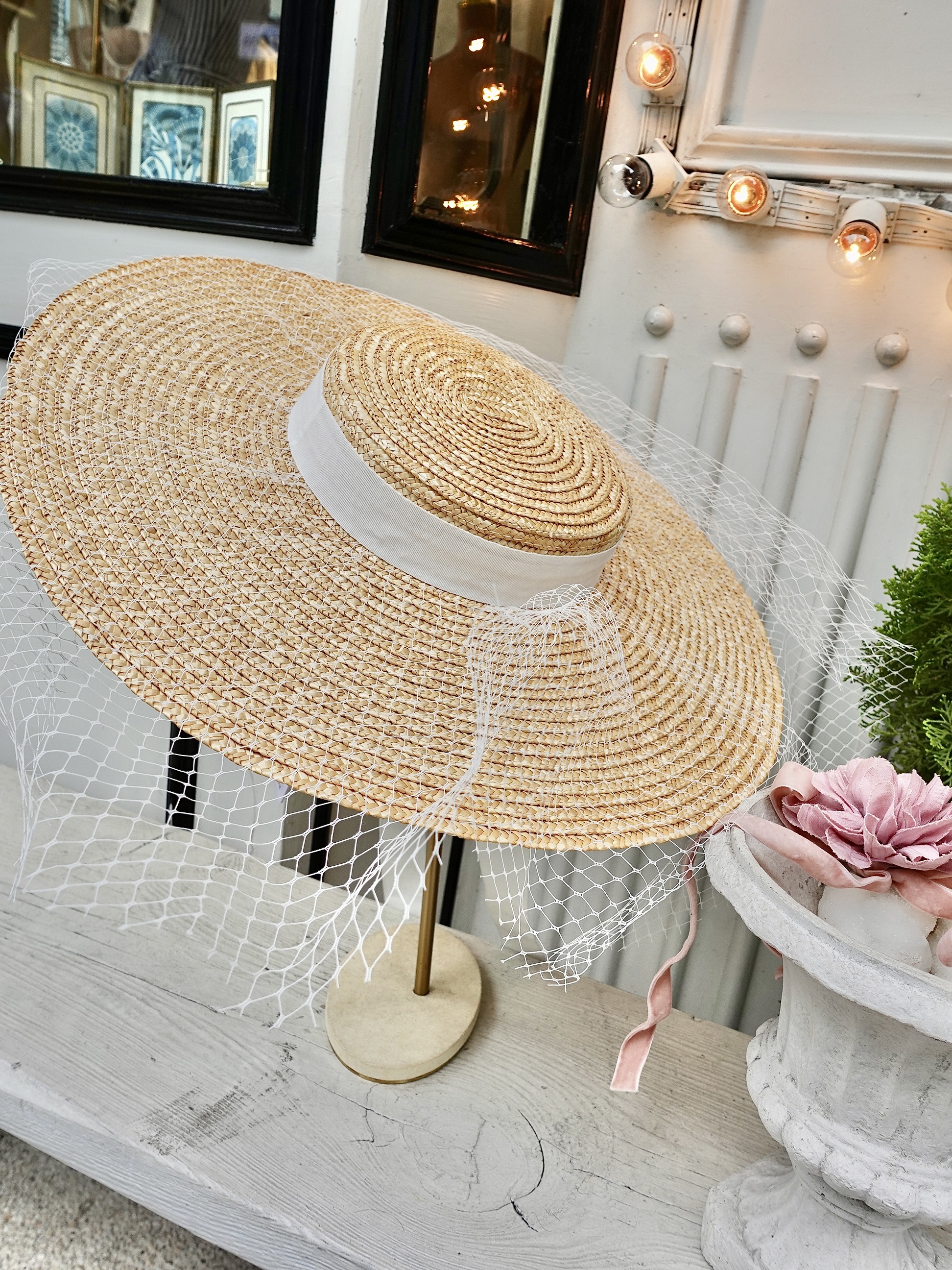 Italy Love義大利白色網紗織帶大草帽