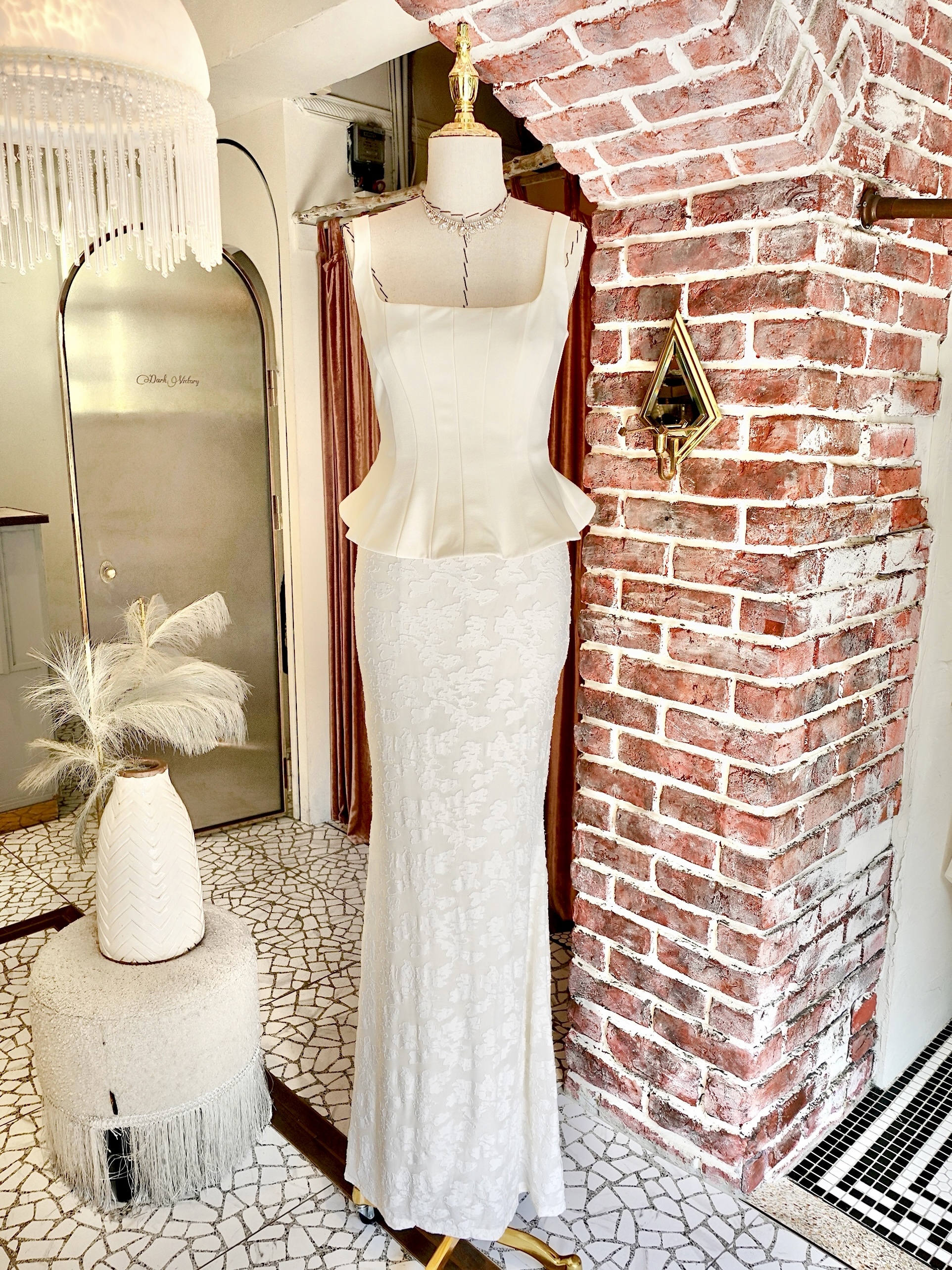 Ivory米白色立體馬甲蕾絲長禮服Dress