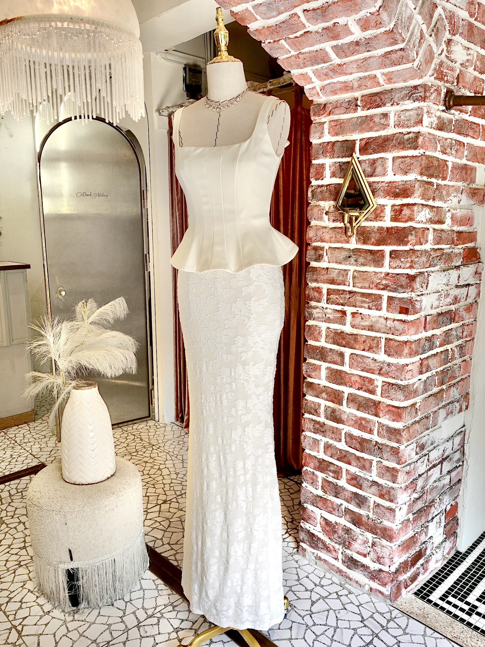 Ivory米白色立體馬甲蕾絲長禮服Dress