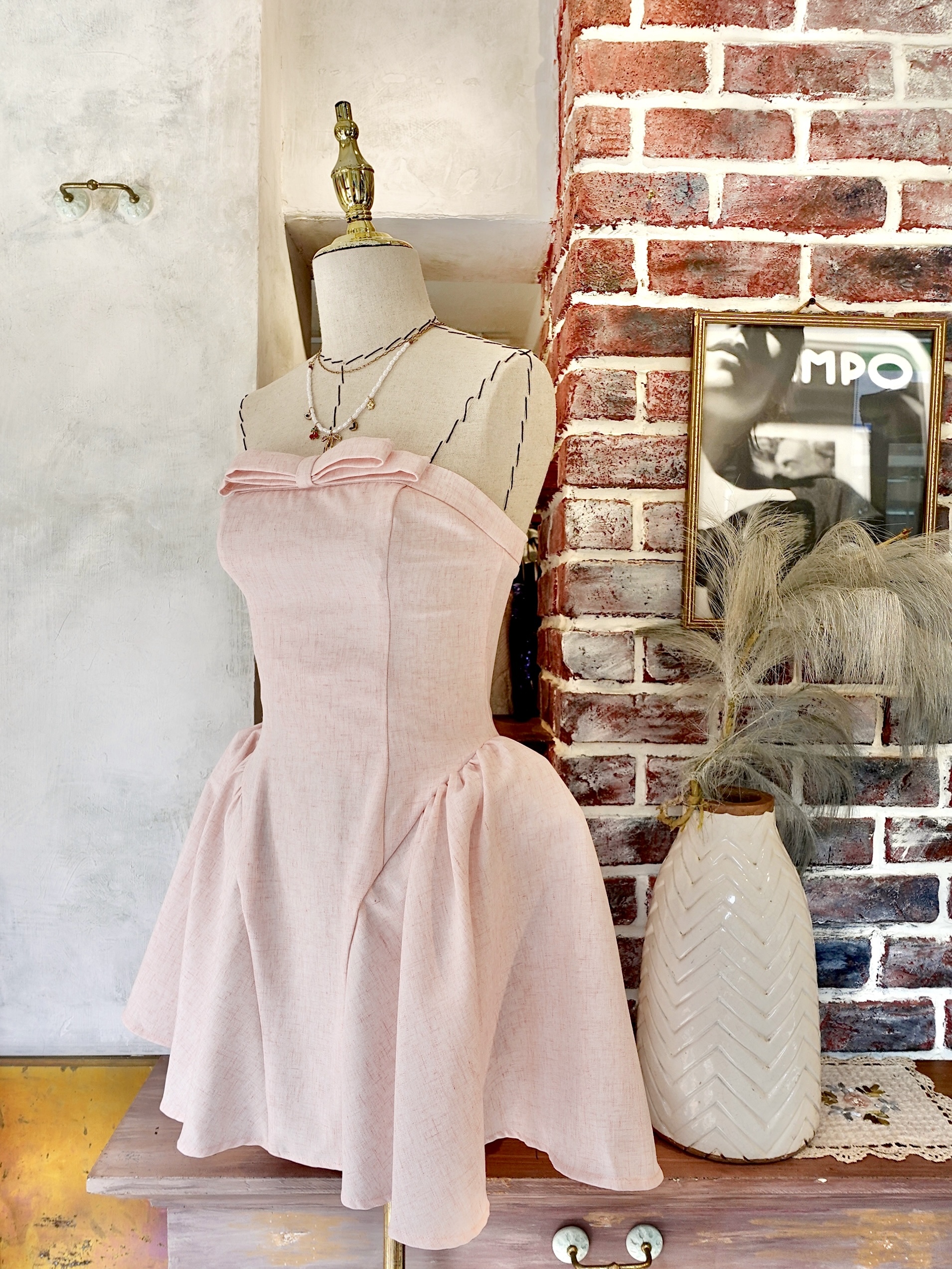 Summer Linen粉紅色麻質蝴蝶結小澎Mini Dress