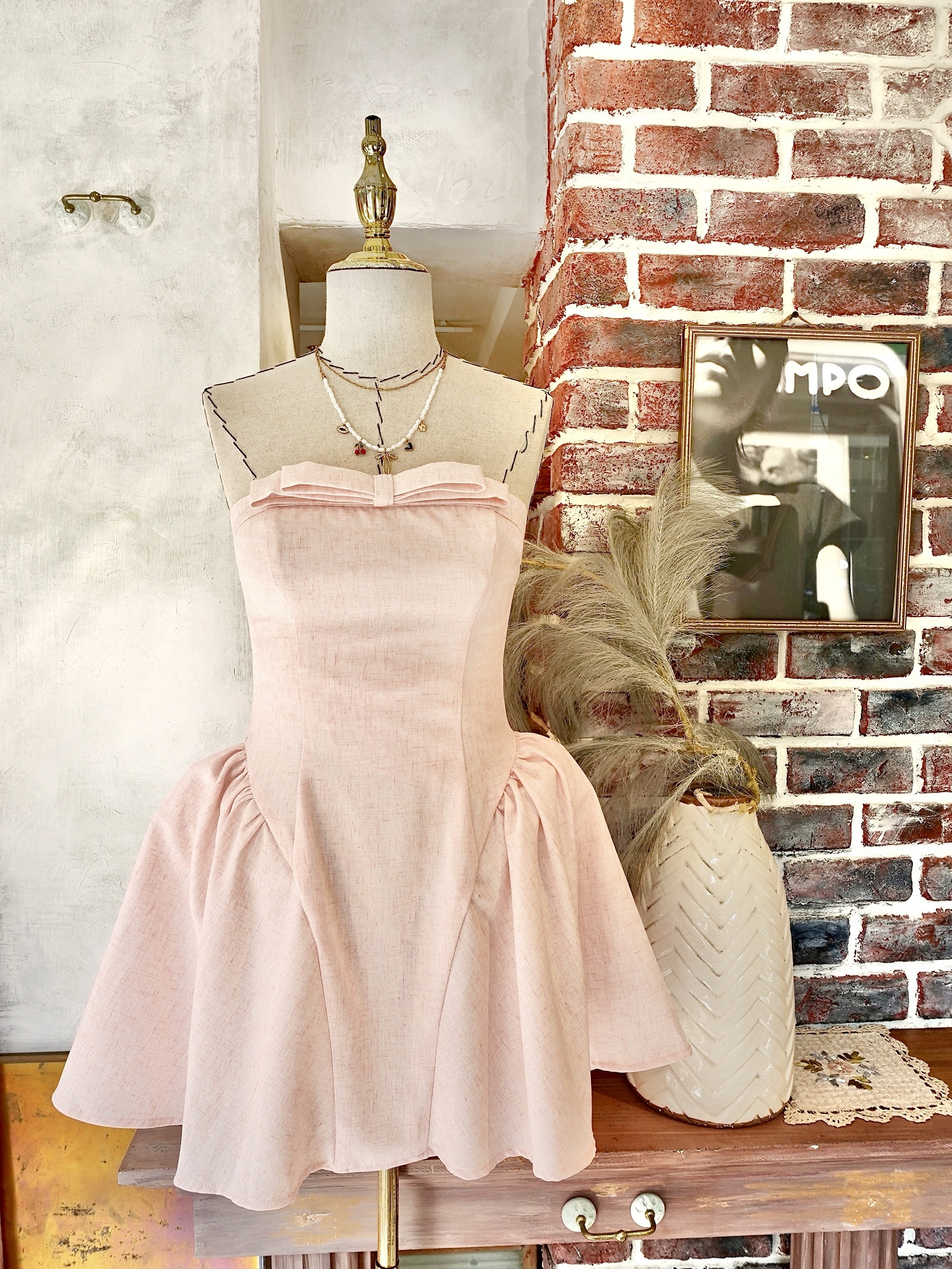 Summer Linen粉紅色麻質蝴蝶結小澎Mini Dress