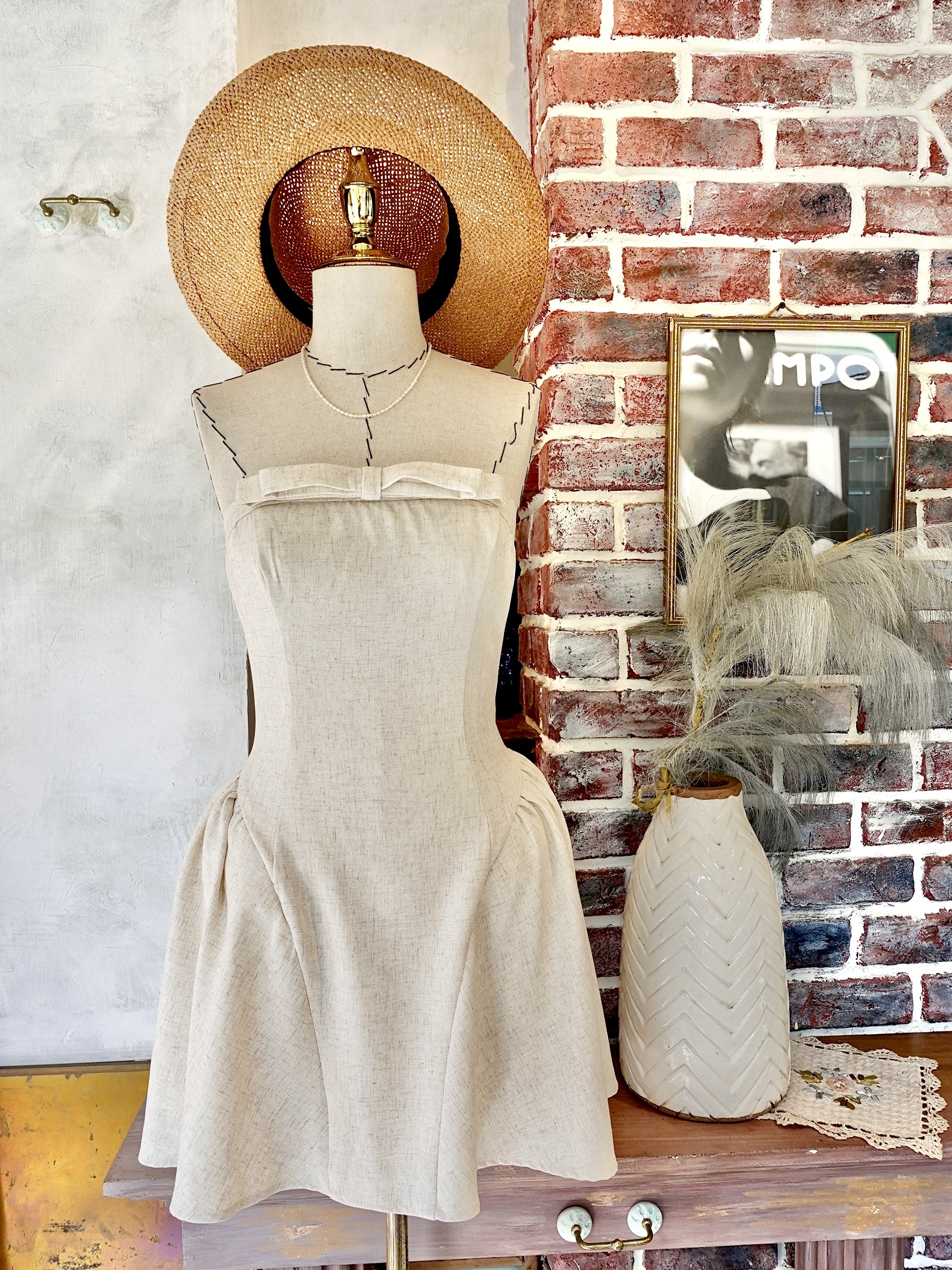 Summer Linen米色麻質蝴蝶結小澎Mini Dress