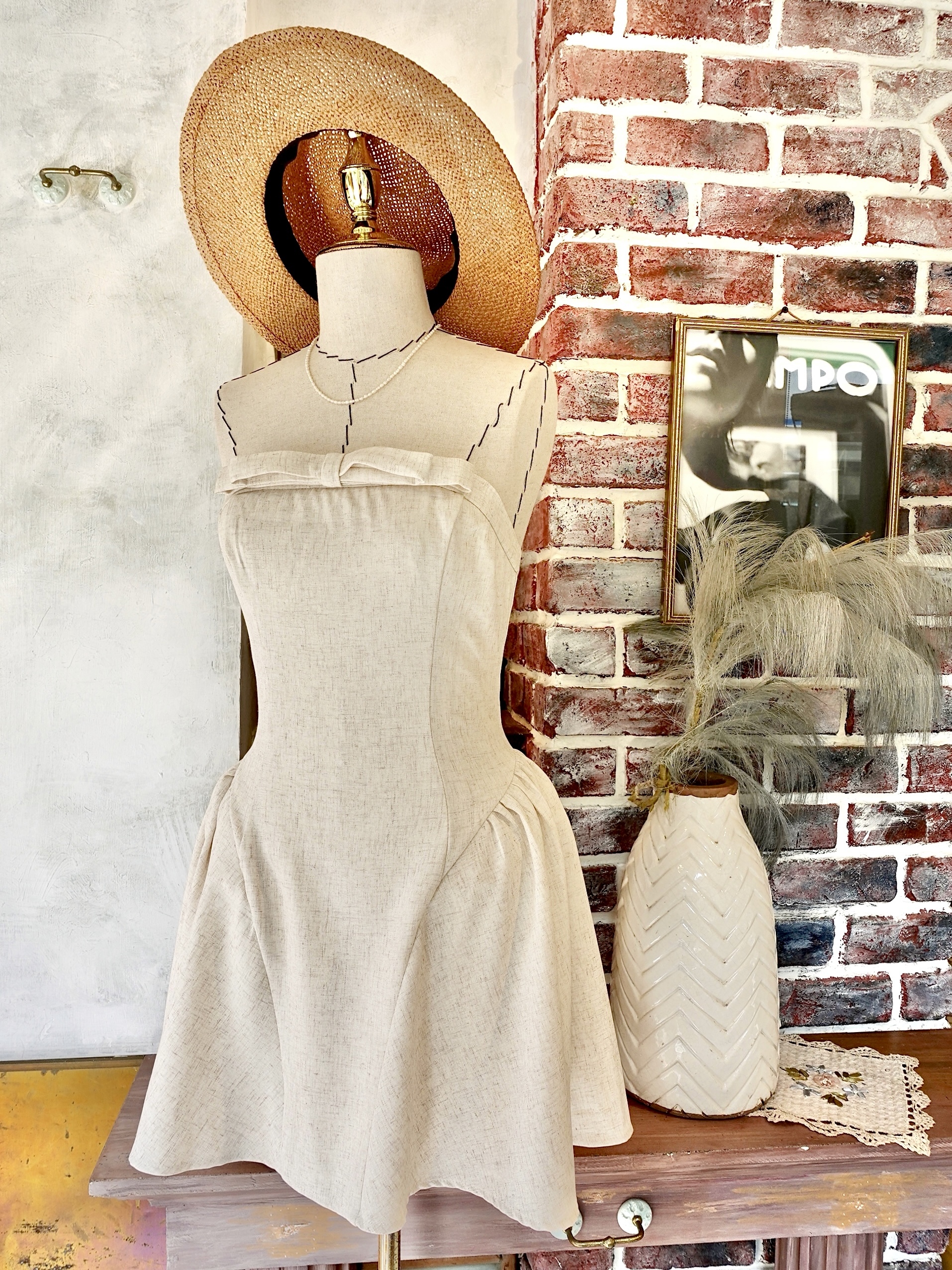 Summer Linen米色麻質蝴蝶結小澎Mini Dress