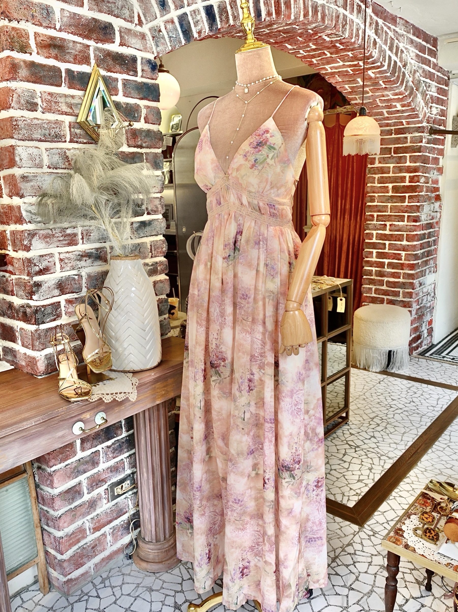 Peach Chiffon蜜桃色印花蕾絲雪紡長洋裝