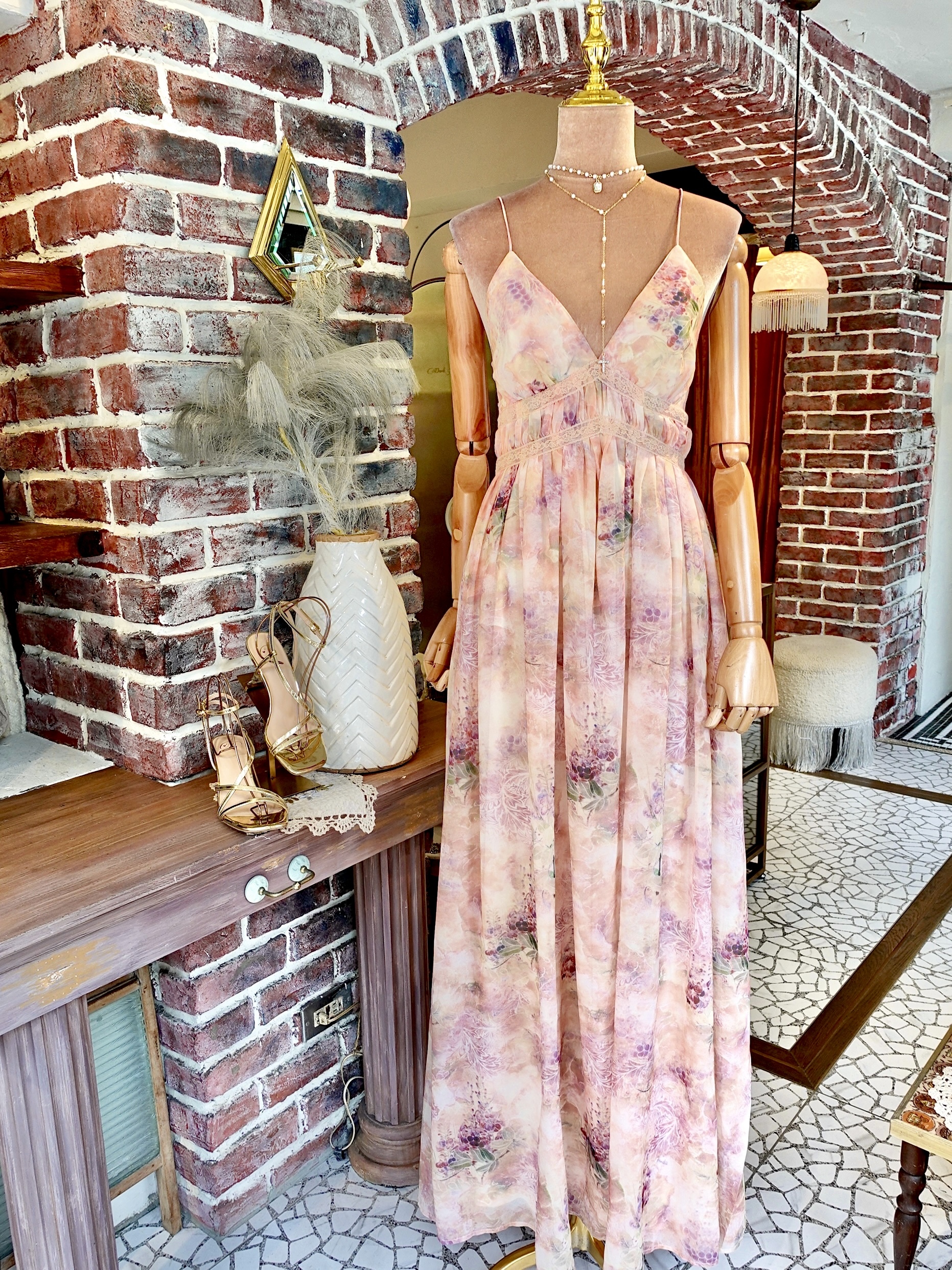 Peach Chiffon蜜桃色印花蕾絲雪紡長洋裝