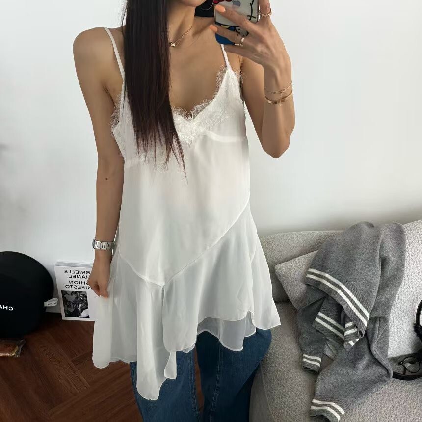 吊帶V領拼接不規則紗短洋裝