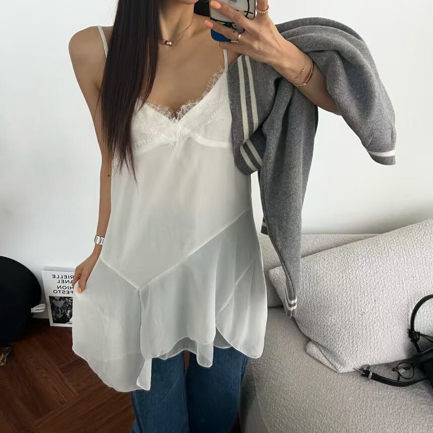吊帶V領拼接不規則紗短洋裝