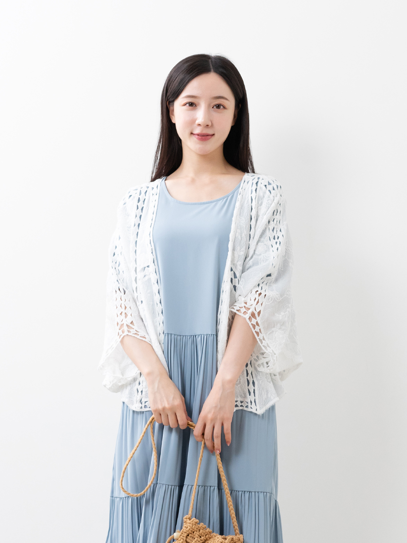 棉繡花簍空編織罩衫壓褶短袖長洋裝組合