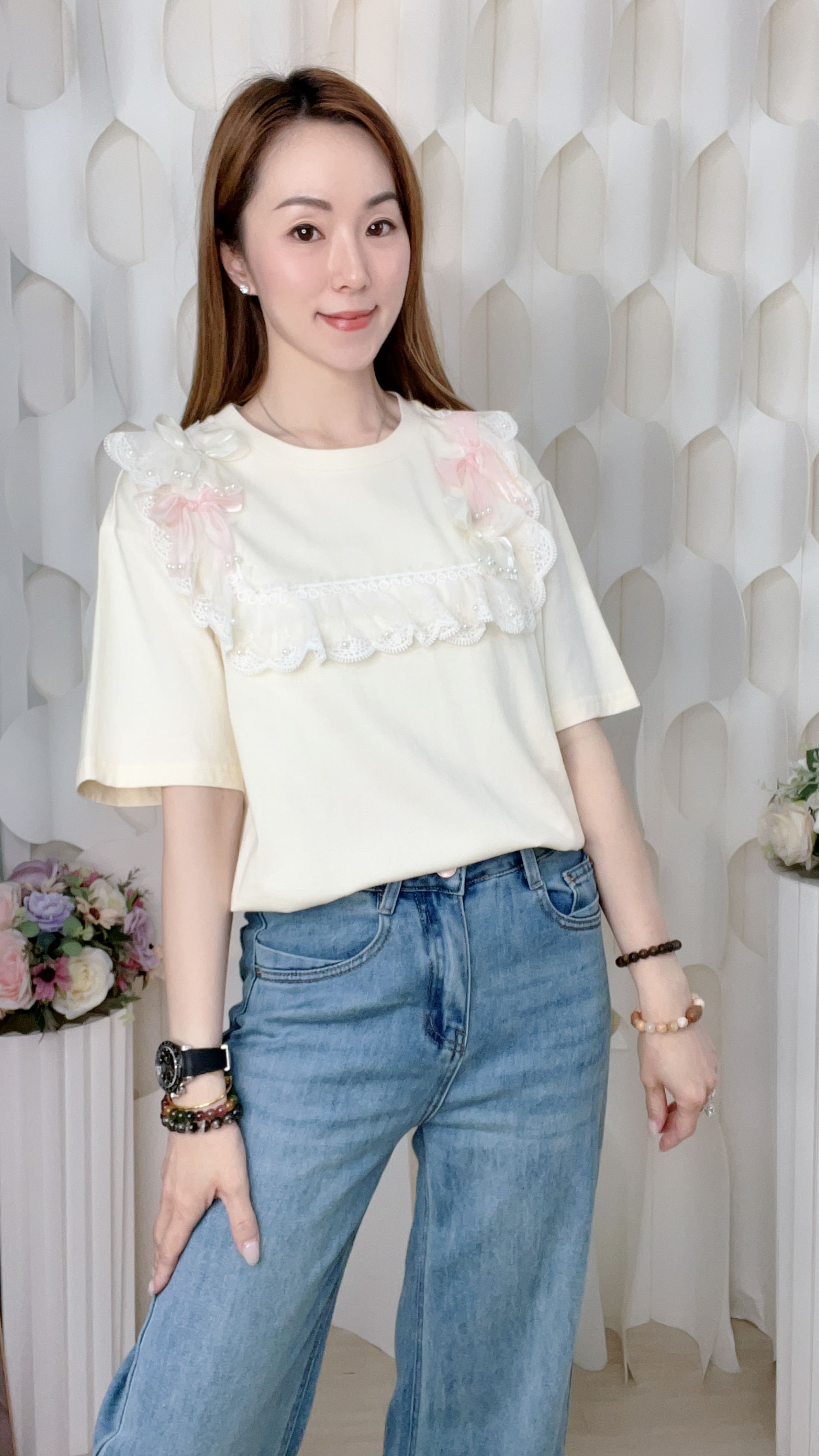 滑棉蝴蝶結花邊上衣(胸42-48 腰42-48 長26吋) 26011 #3103clo