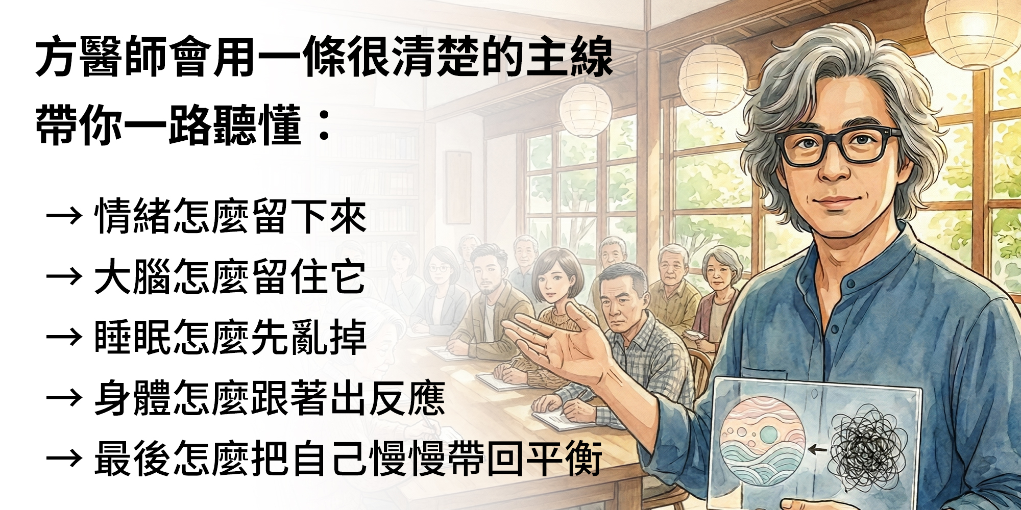 方醫師會用一條很清楚的主線，帶你一路聽懂： → 情緒怎麼留下來 → 大腦怎麼留住它 → 睡眠怎麼先亂掉 → 身體怎麼跟著出反應 → 最後怎麼把自己慢慢帶回平衡
