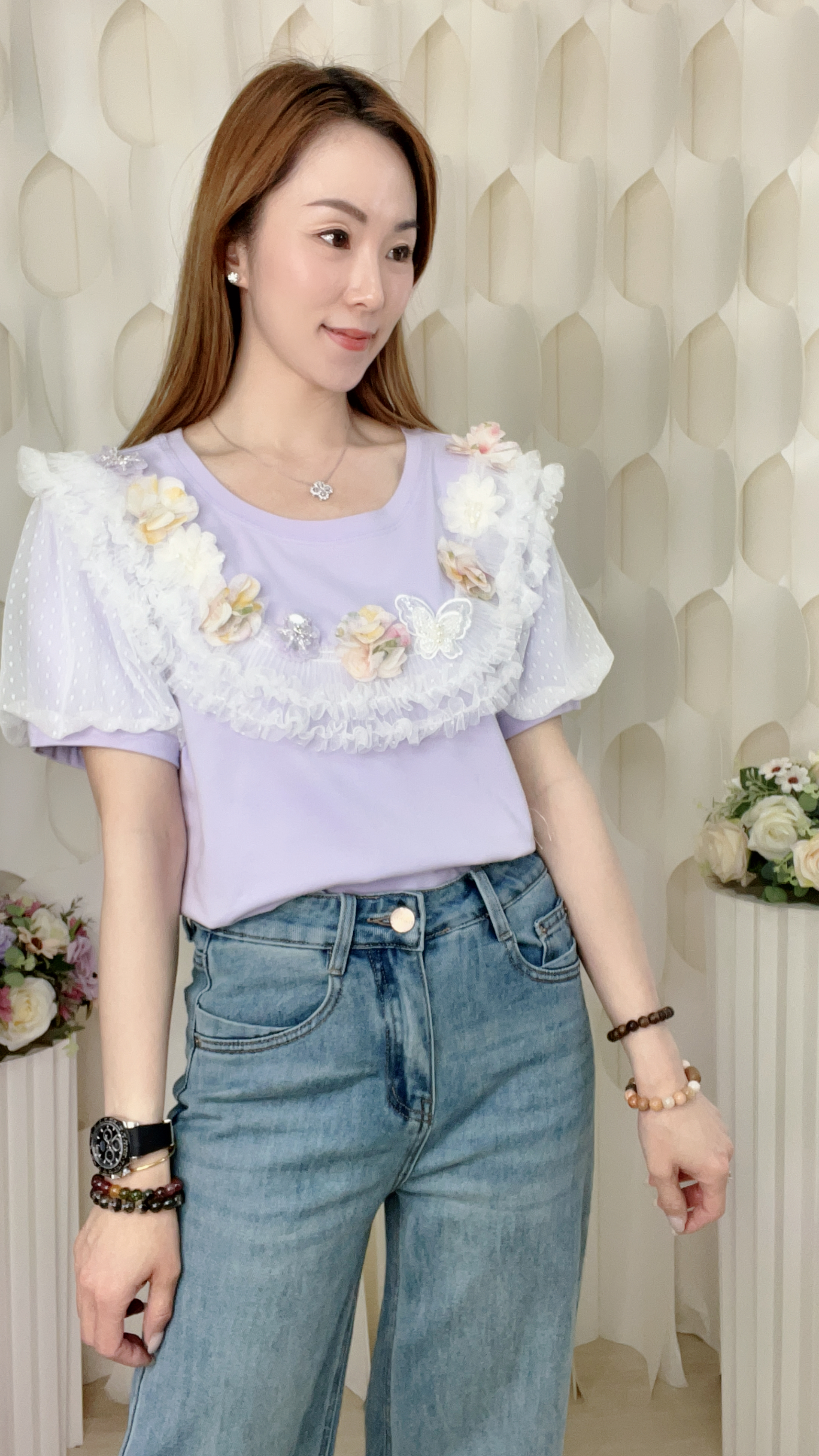 滑棉蕾絲花邊上衣(胸38-44 腰38-44 長22吋) 26020 #3103clo