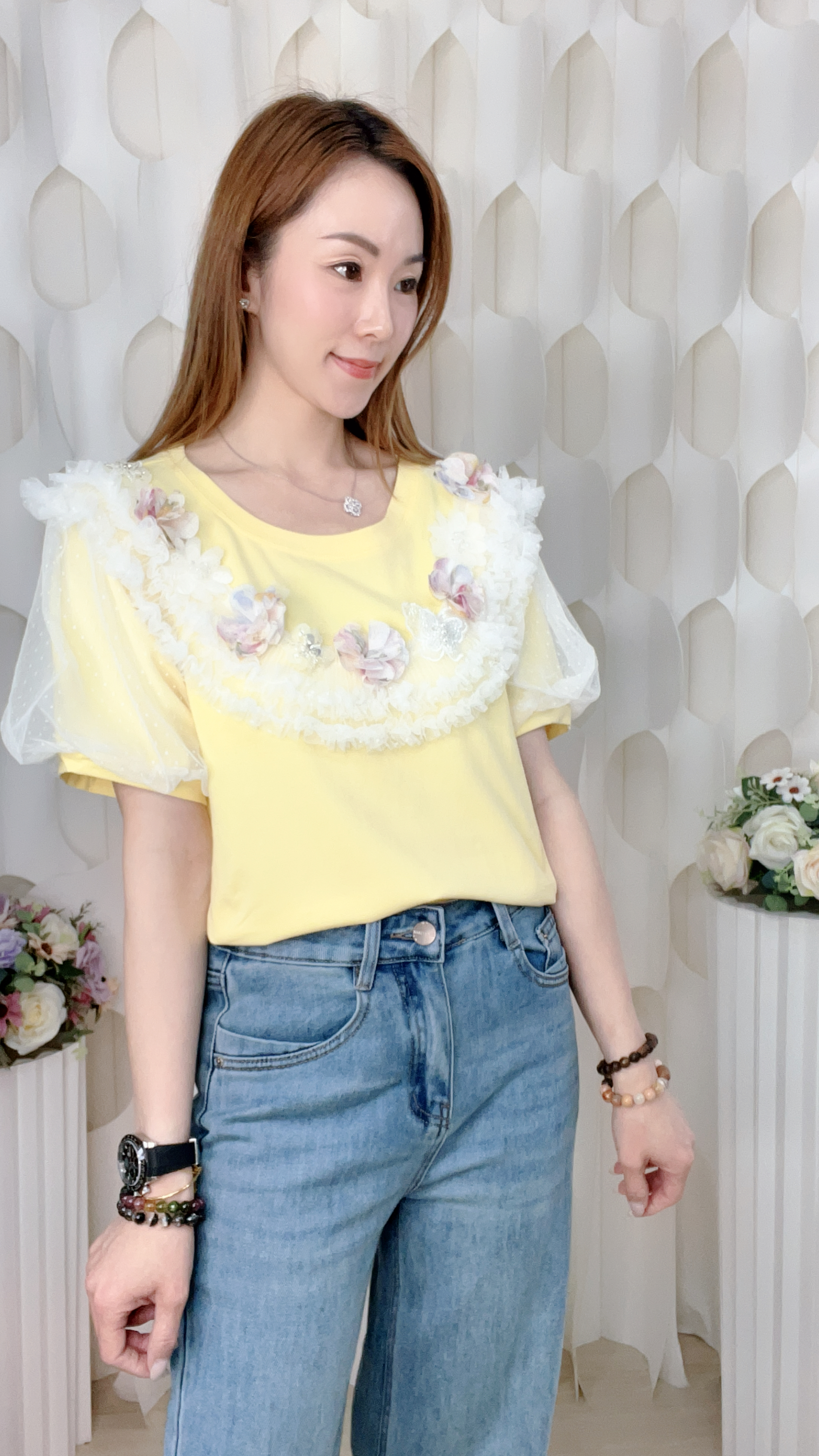 滑棉蕾絲花邊上衣(胸38-44 腰38-44 長22吋) 26020 #3103clo