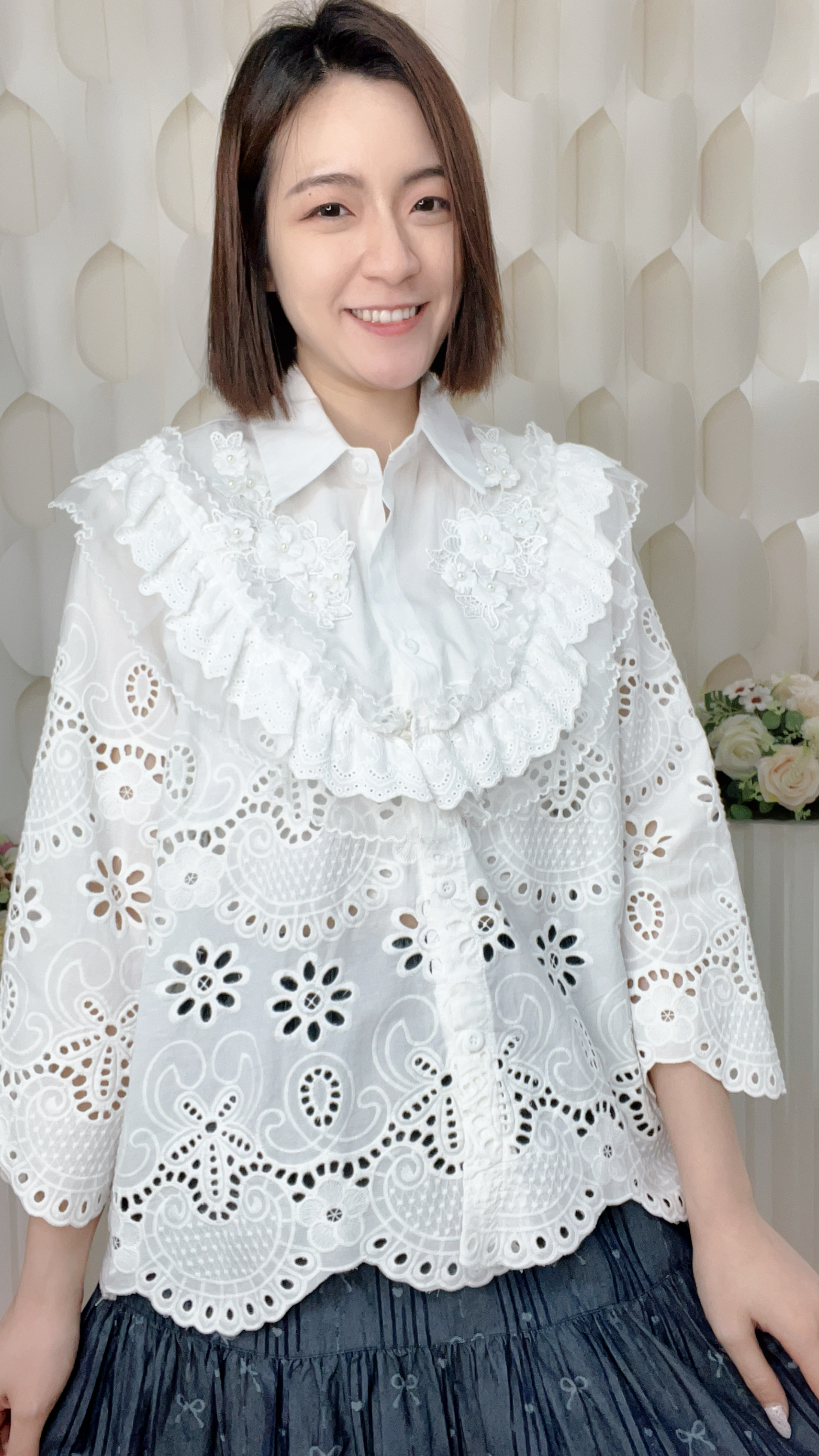 通花珍珠鏤空上衣(胸40 腰40 長24吋)26026 #3103clo