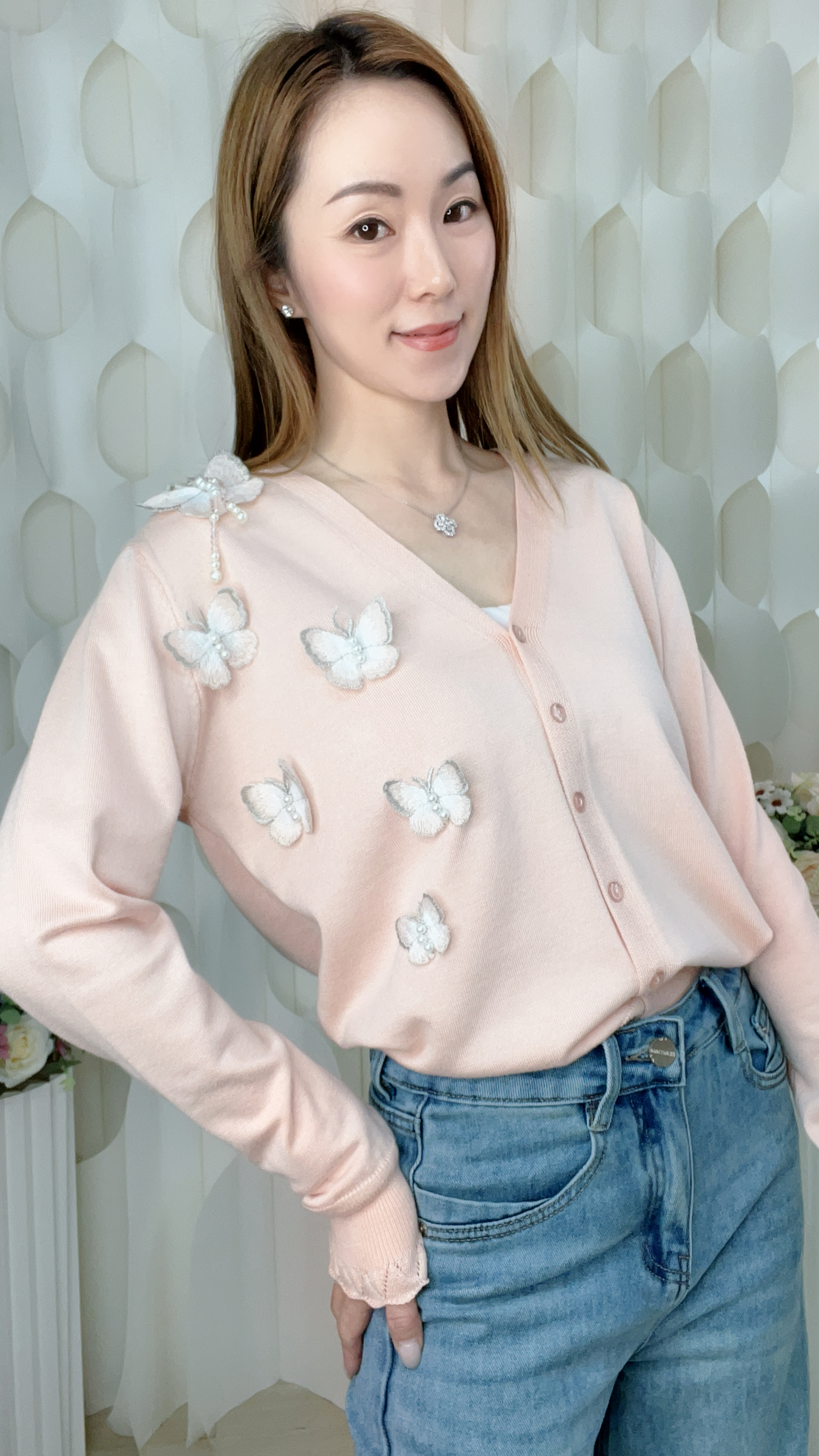 薄針織蝴蝶珍珠上衣(胸40-44 腰38-42 長23吋)26036 #3103clo