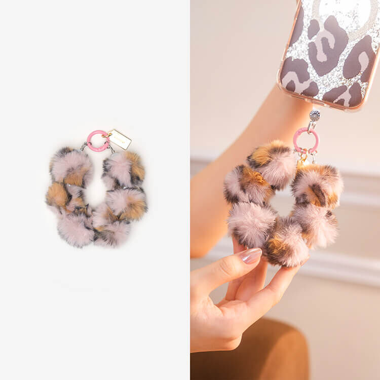 豹紋毛毛Q球珍珠 (粉咖) 手腕繩 短掛繩 手機掛繩 毛球 手機提鍊