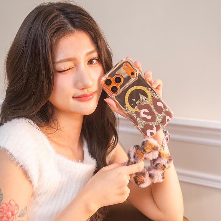 豹紋毛毛Q球珍珠 (粉咖) 手腕繩 短掛繩 手機掛繩 毛球 手機提鍊