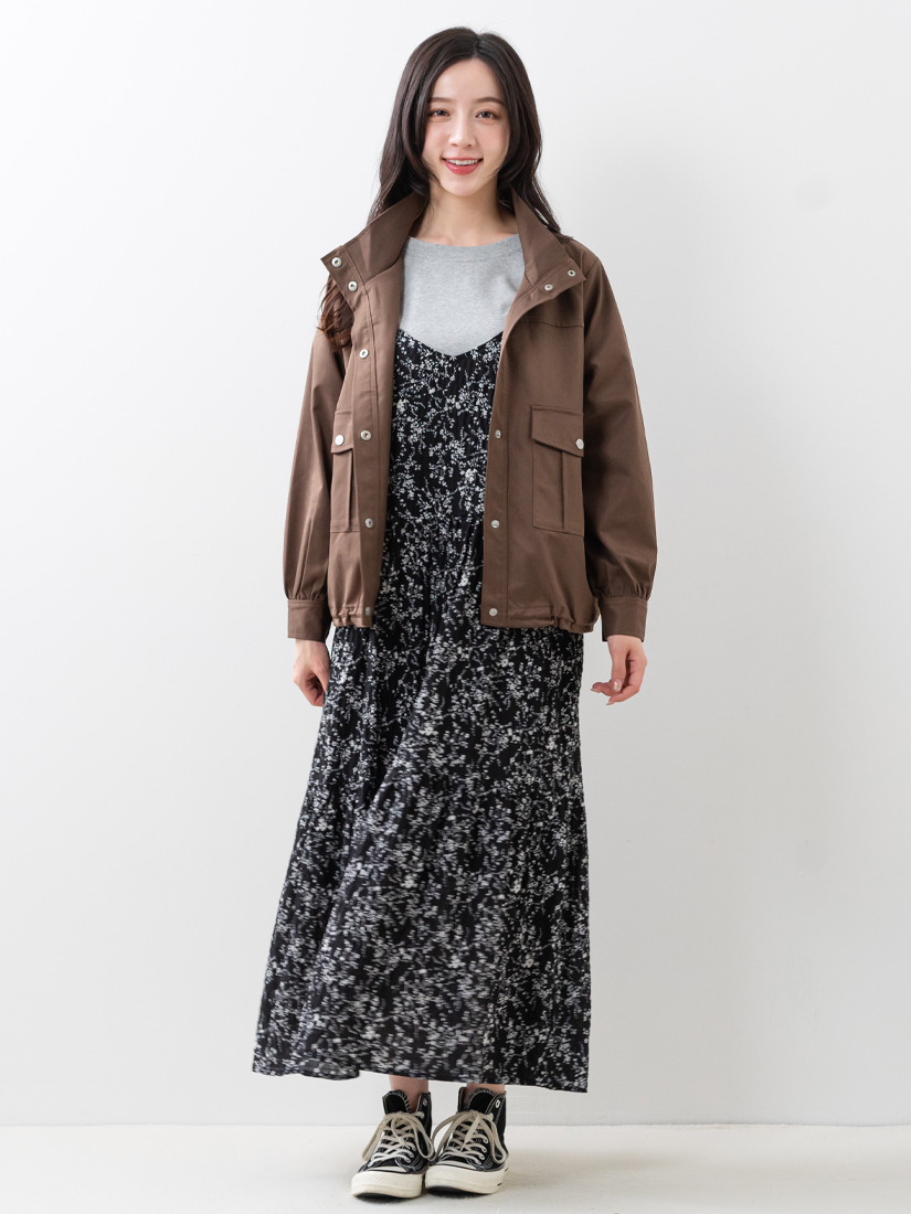 口袋夾克外套碎花細褶洋裝側抓皺上衣組合