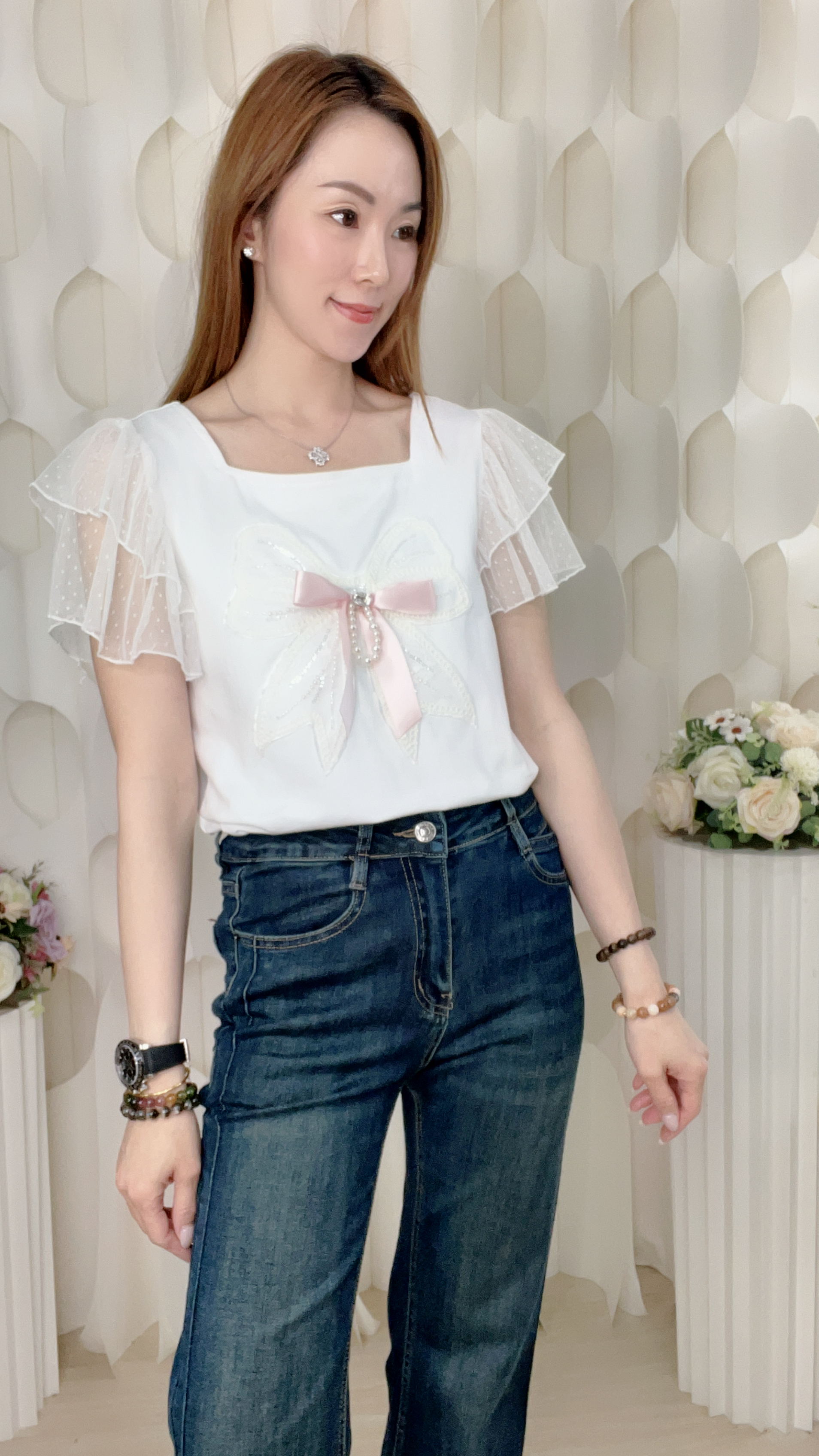 蝴蝶結滑棉波點花邊上衣/外套(胸34-40 腰34-40 長23吋) 26024 #3103clo