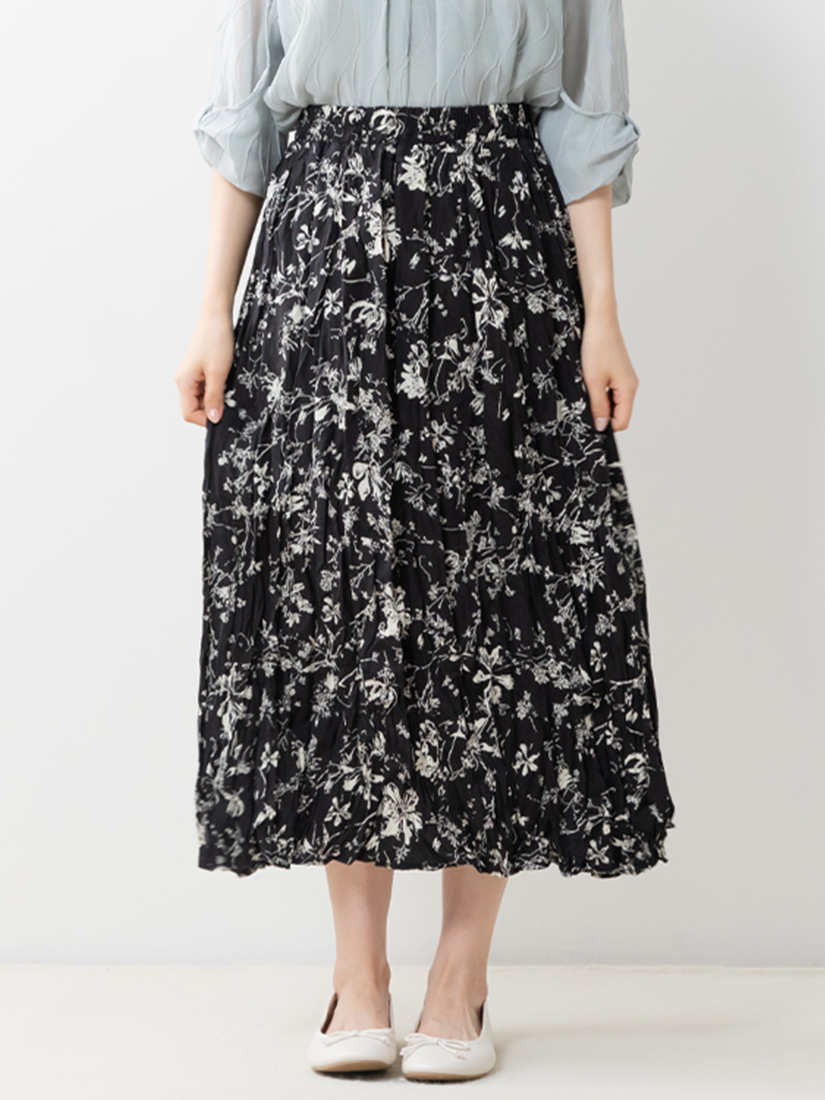 緞面氣質印花壓縐長裙