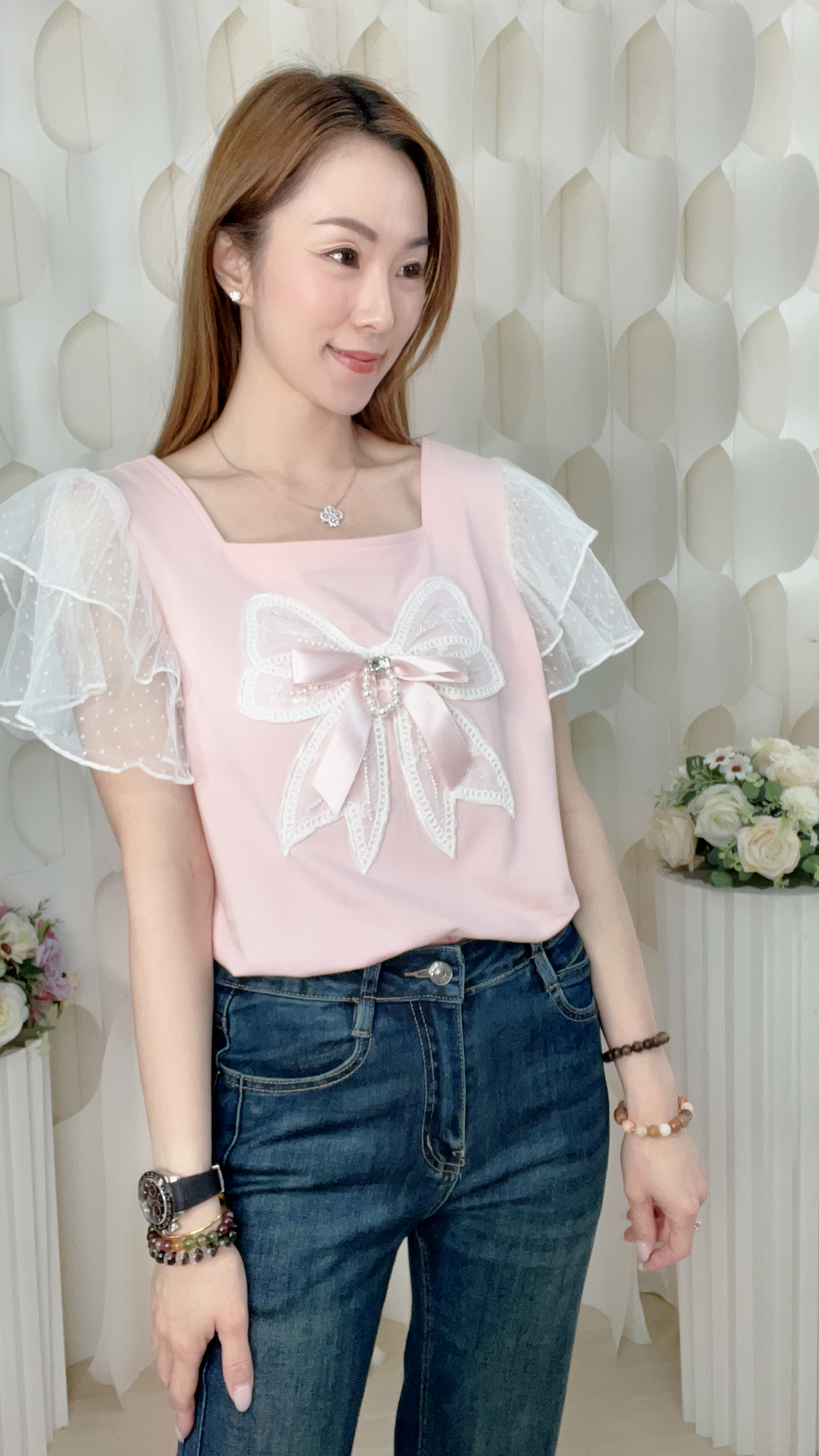 蝴蝶結滑棉波點花邊上衣/外套(胸34-40 腰34-40 長23吋) 26024 #3103clo