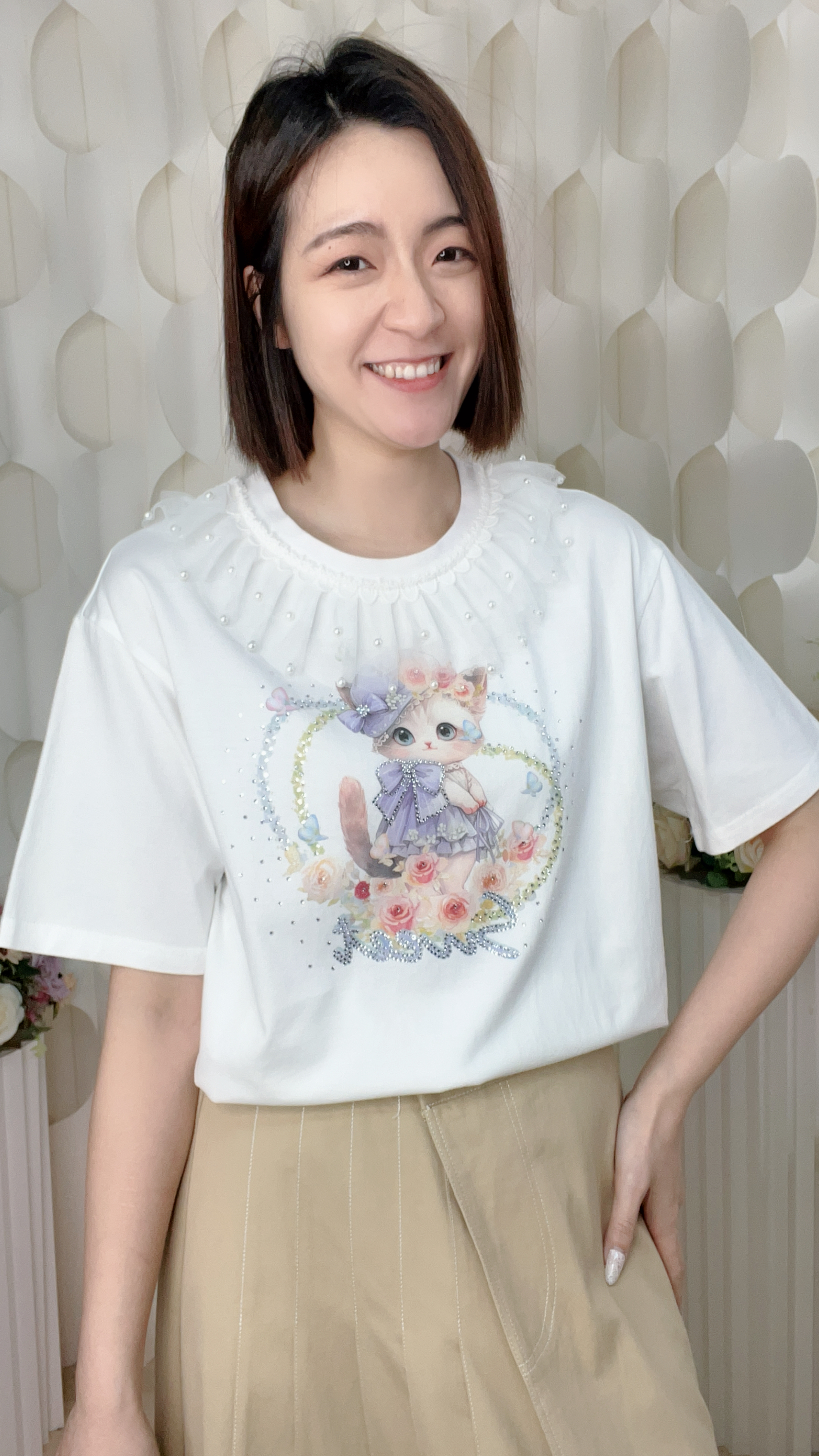 滑棉貓貓珍珠上衣(胸42-46腰42-46 長25吋) 26038 #3103clo