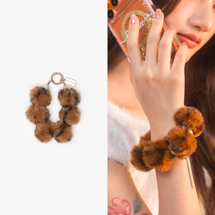 豹紋毛毛Q球珍珠 (深咖) 手腕繩 短掛繩 手機掛繩 毛球 手機提鍊