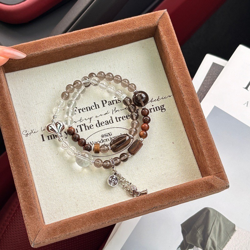 【日和安】冰曜石x白水晶x沉香x花梨木雙圈中式手鍊