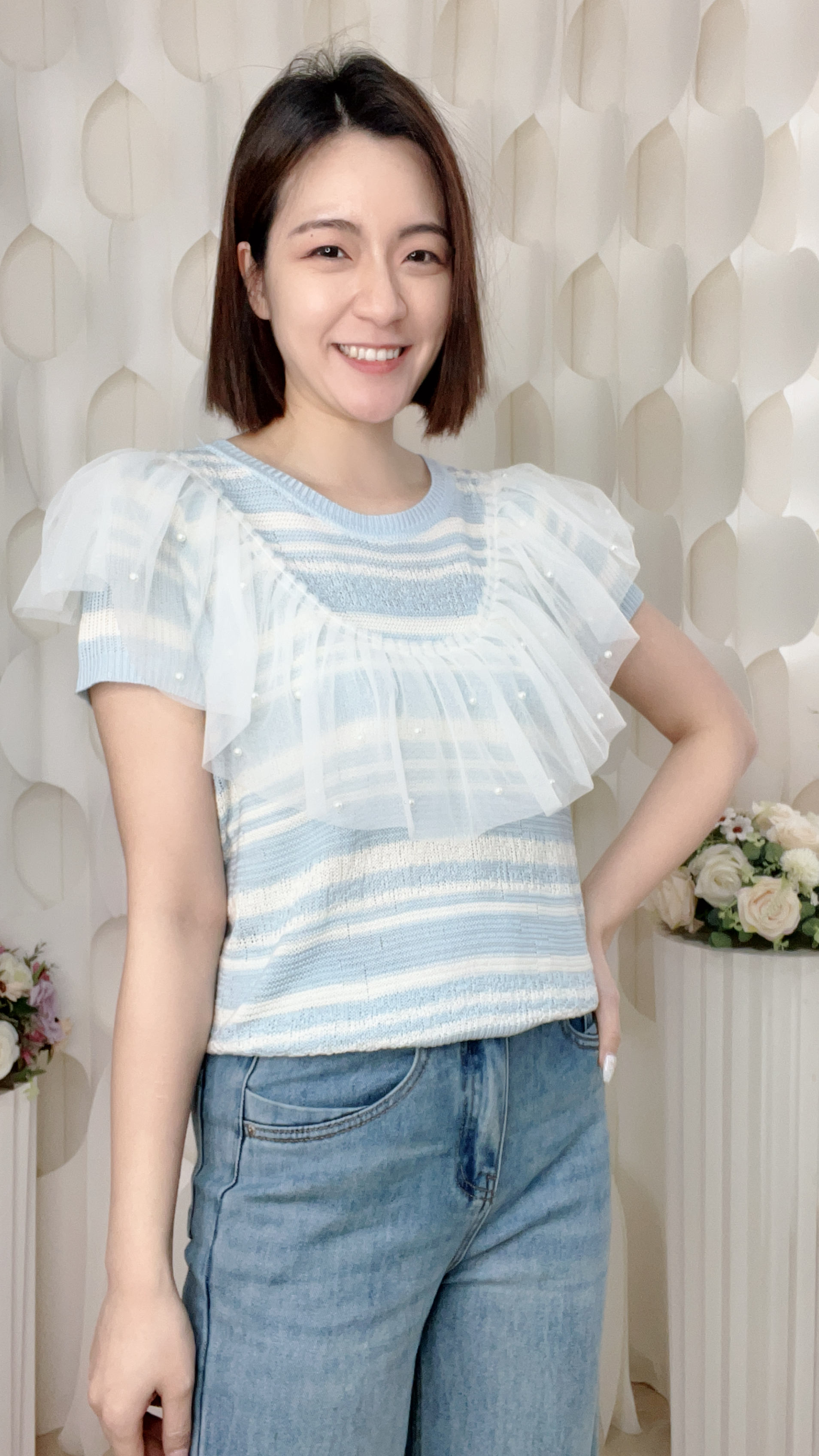 薄針織珍珠花邊上衣(胸38-46 腰38-46 長21吋)26010 #3103clo